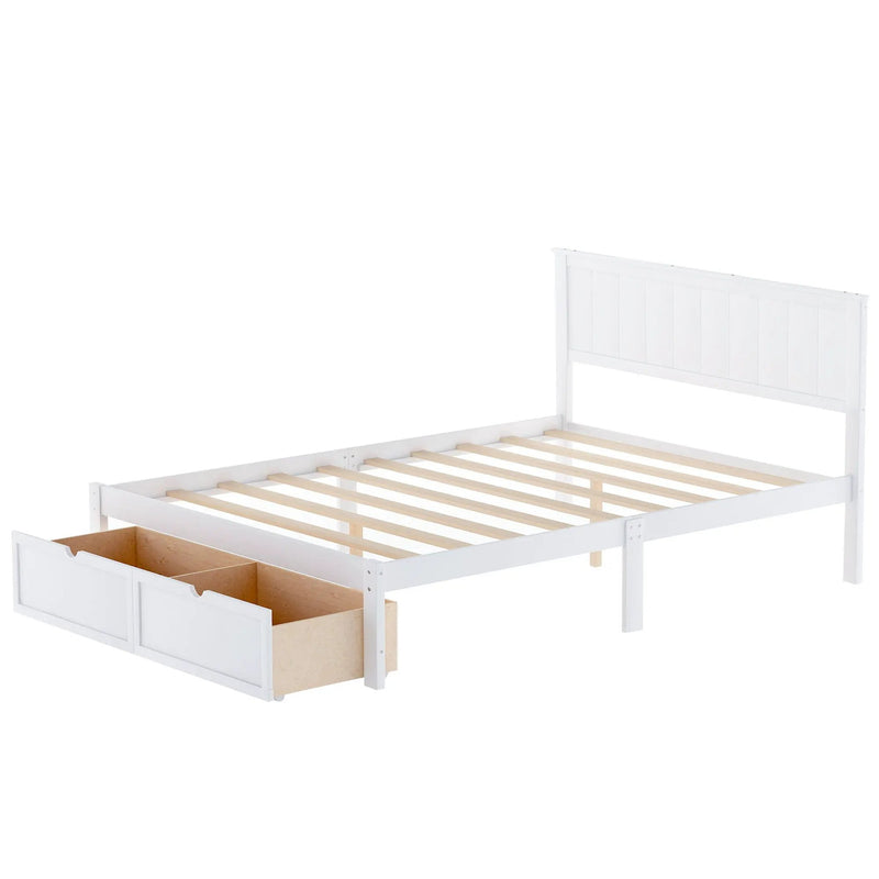 Full Size Platform Bed With Under Bed Drawers - White