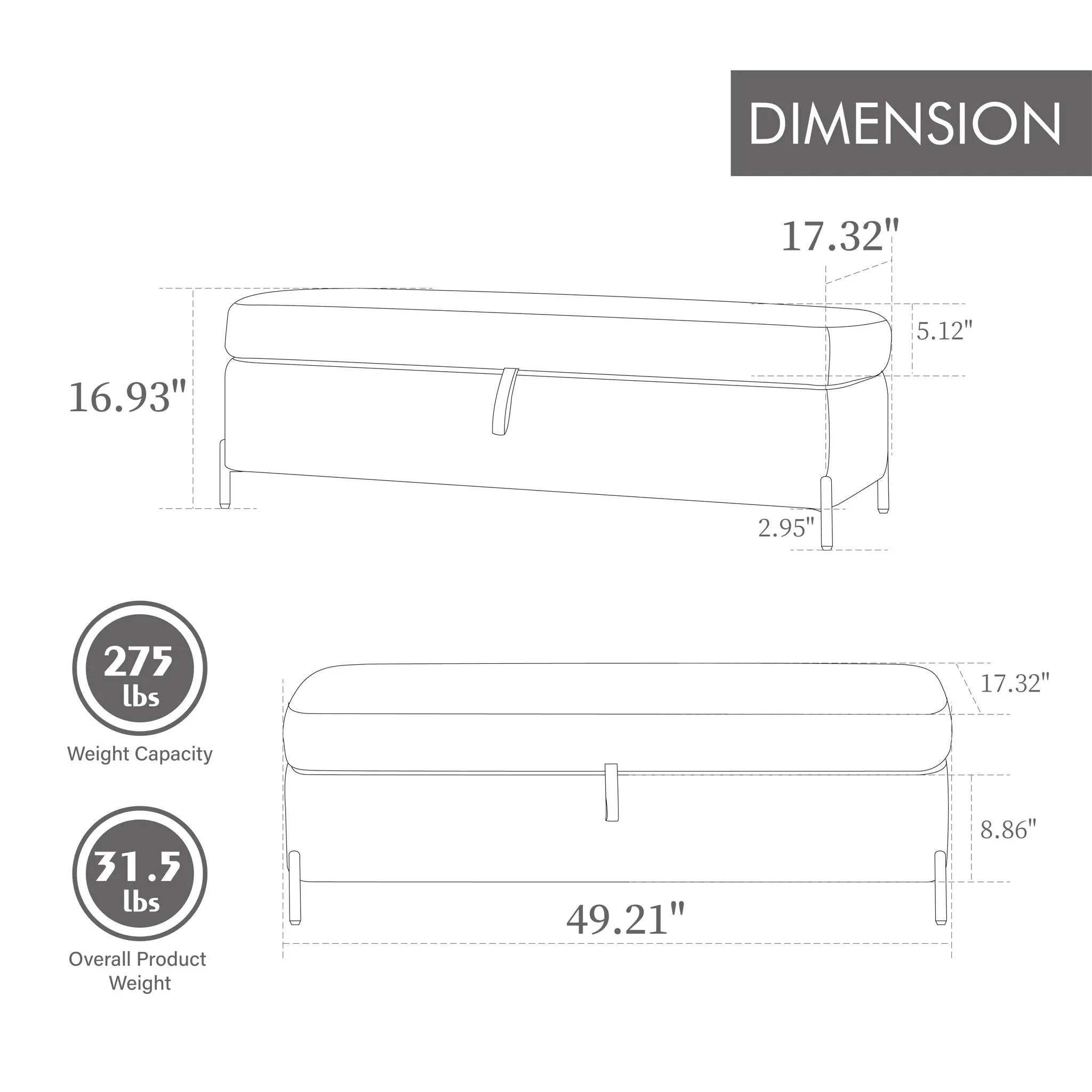 Wide Upholstered Storage Soft Bench Ottoman With Metal Legs by Unique Piece Furniture