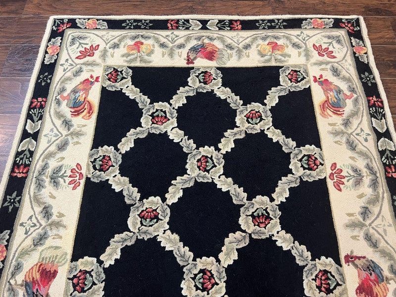 Hooked Rug 5x8, European Aubusson Pattern, Black and Ivory, Roses & Roosters, Vintage Wool Rug by Jewel Rugs