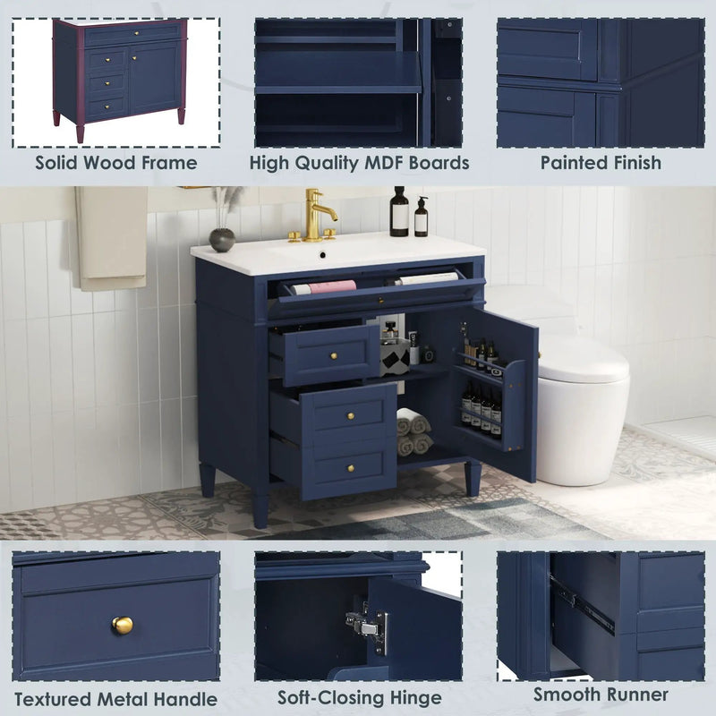Bathroom Vanity With Top Sink, Modern Bathroom Storage Cabinet, 2 Drawers And A Tip-Out Drawer, Single Sink Bathroom Vanity - Blue by HouseOfZazla