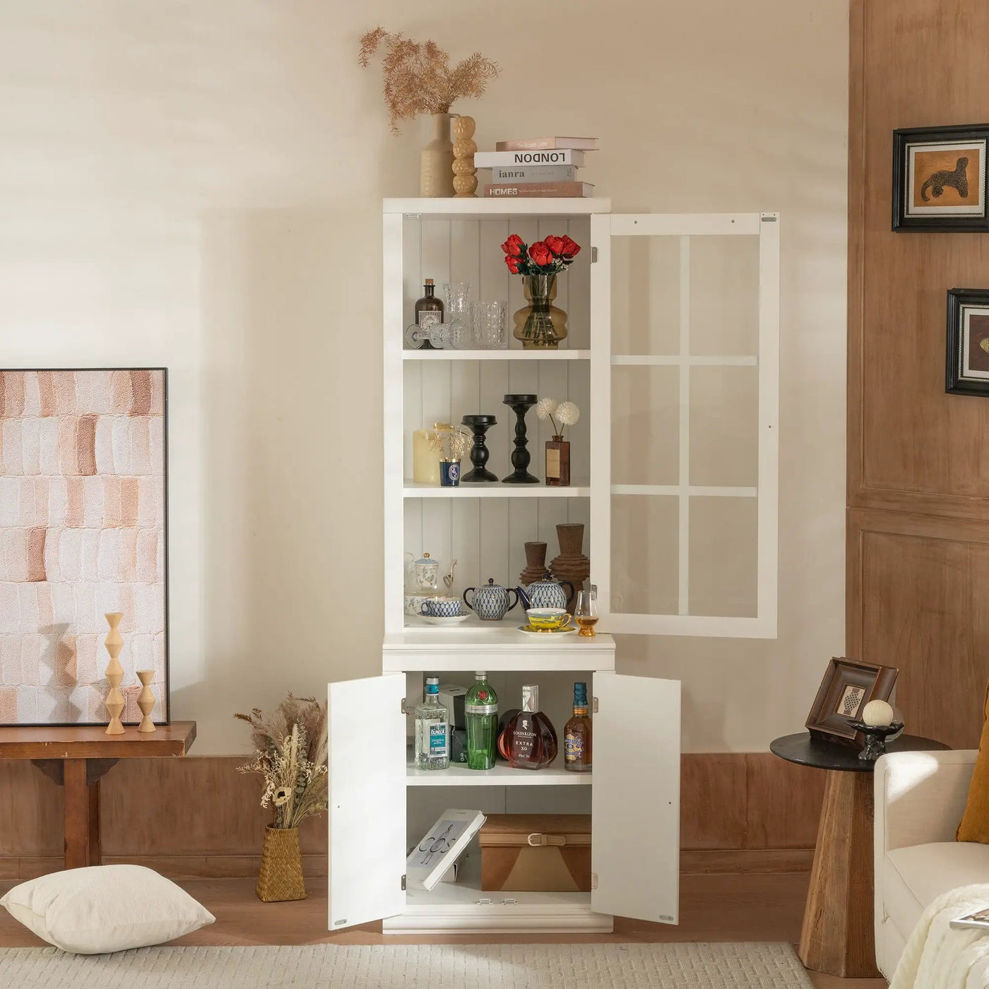 Retro Style Hutch Cabinet With Glass Door, China Cabinet For Home by Unique Piece Furniture