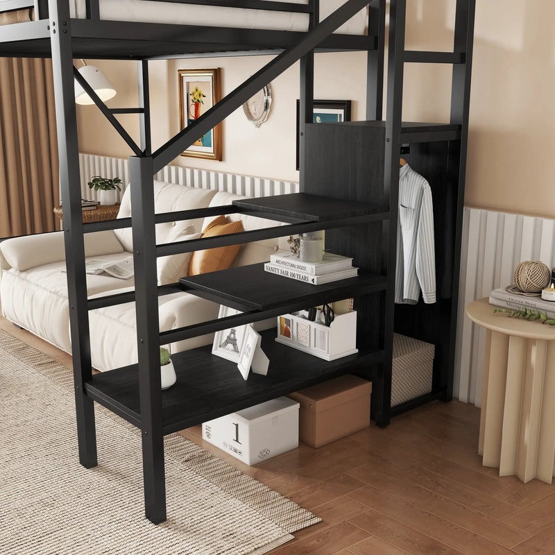 Twin Size Loft Bed with Stairs, Metal Full Loft Bed with Storage Shelves by HouseOfZazla