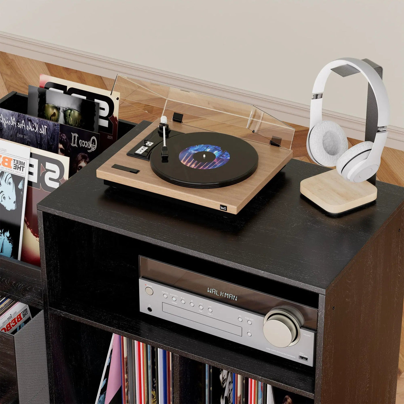 Eco-Friendly Vinyl Record Player Stand With Flip-Top Storage, Media Console With Dual Outlets And Dustproof Drawers by HouseOfZazla
