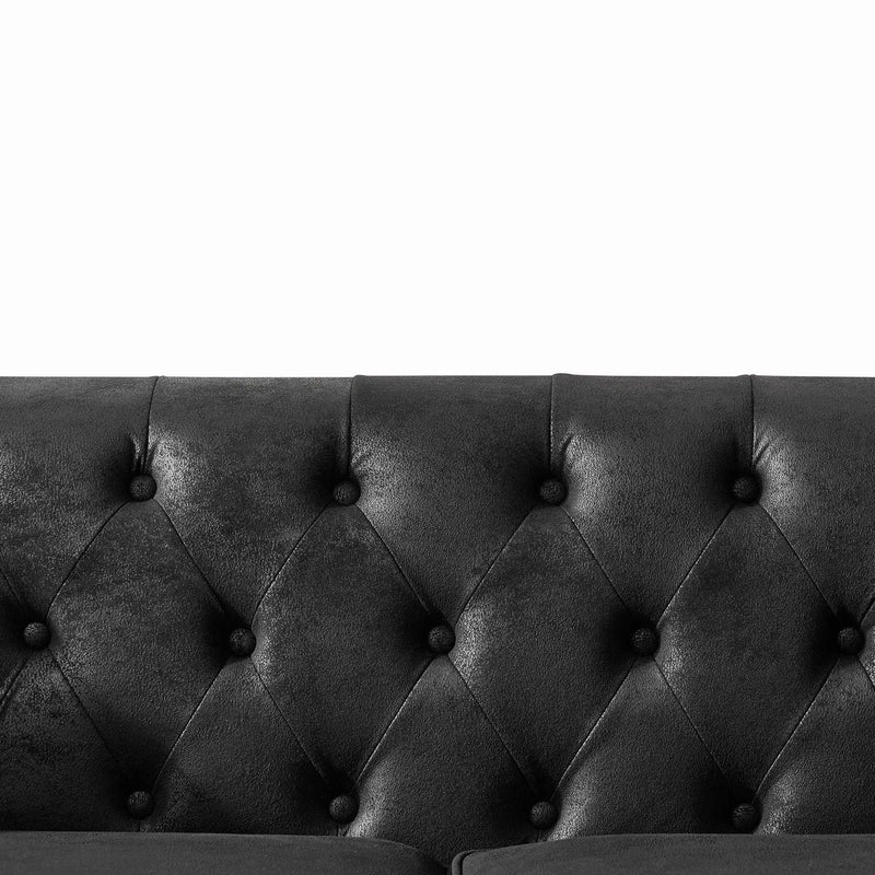 Chesterfield Sofa, High Tech Fabric Roll Armrest, 3 Seater Mid Century Modern Couch - Black by HouseOfZazla