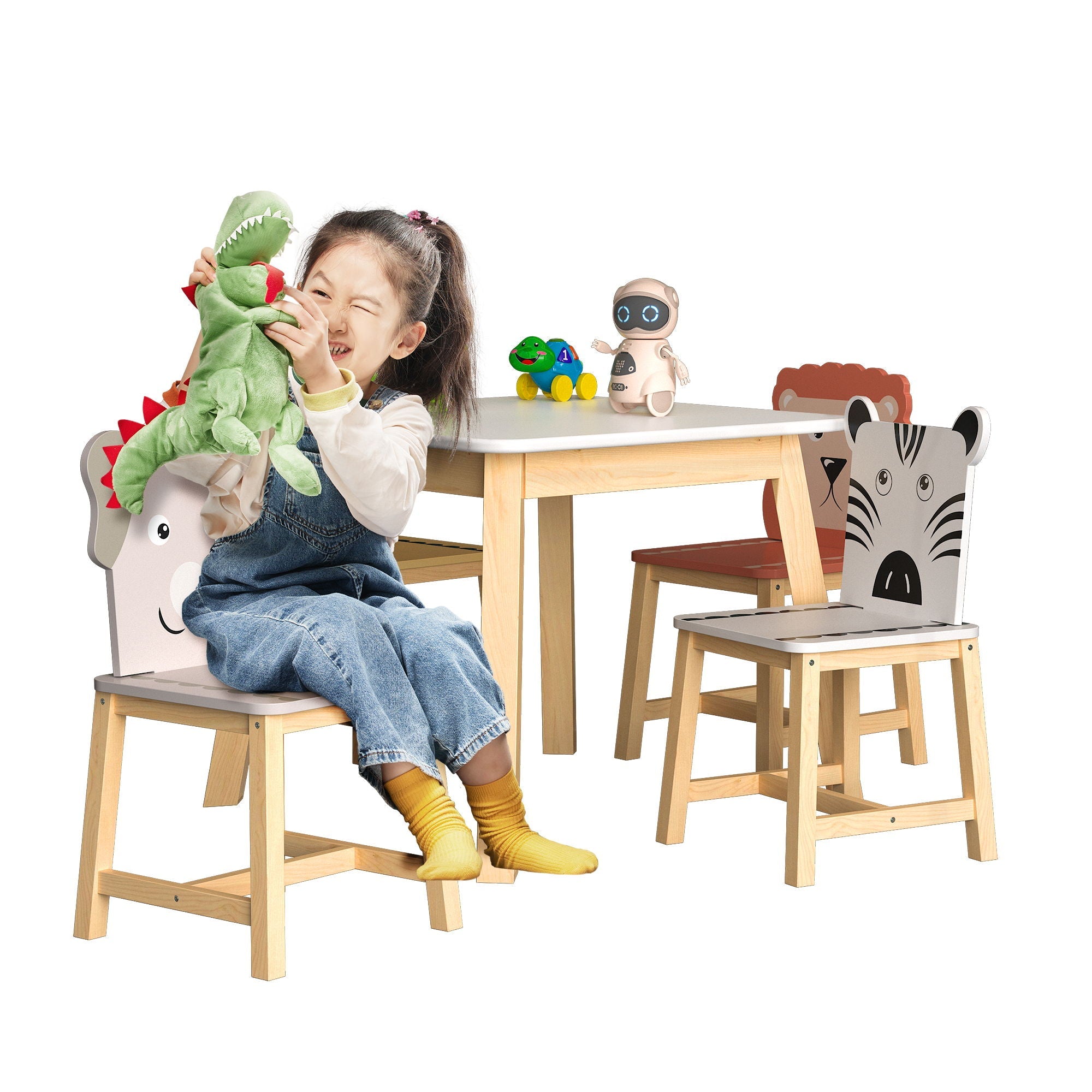 Kids Table And Chair Set With Cartoon Animals Design - White by HouseOfZazla