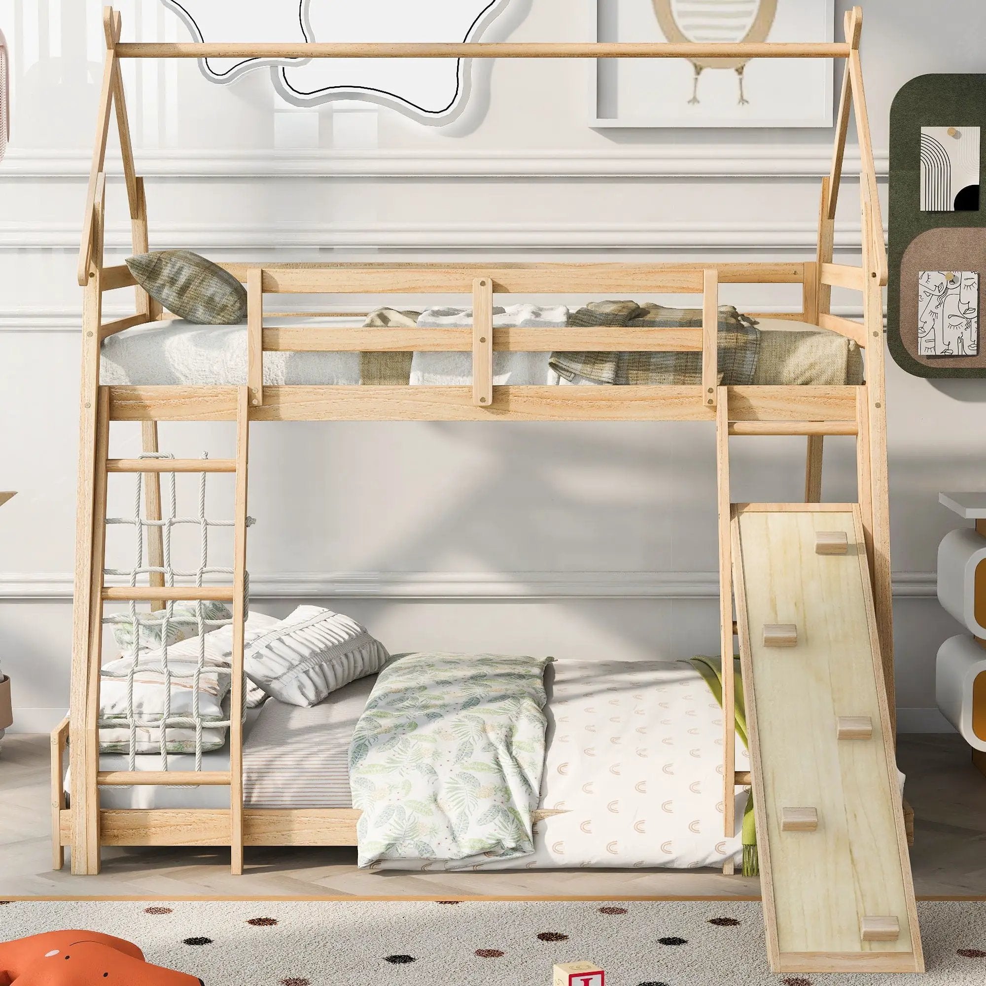 Twin Over Queen House Bunk Bed With Climbing Nets And Climbing Ramp by Unique Piece Furniture
