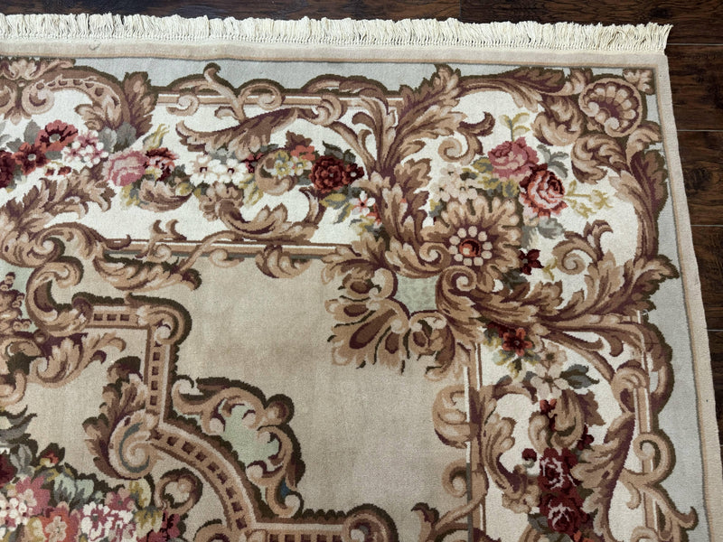 Aubusson Rug 8x12, European French Savonnerie Design, Thick Wool Pile, Elegant Rug, Cream Beige Light Green by Jewel Rugs