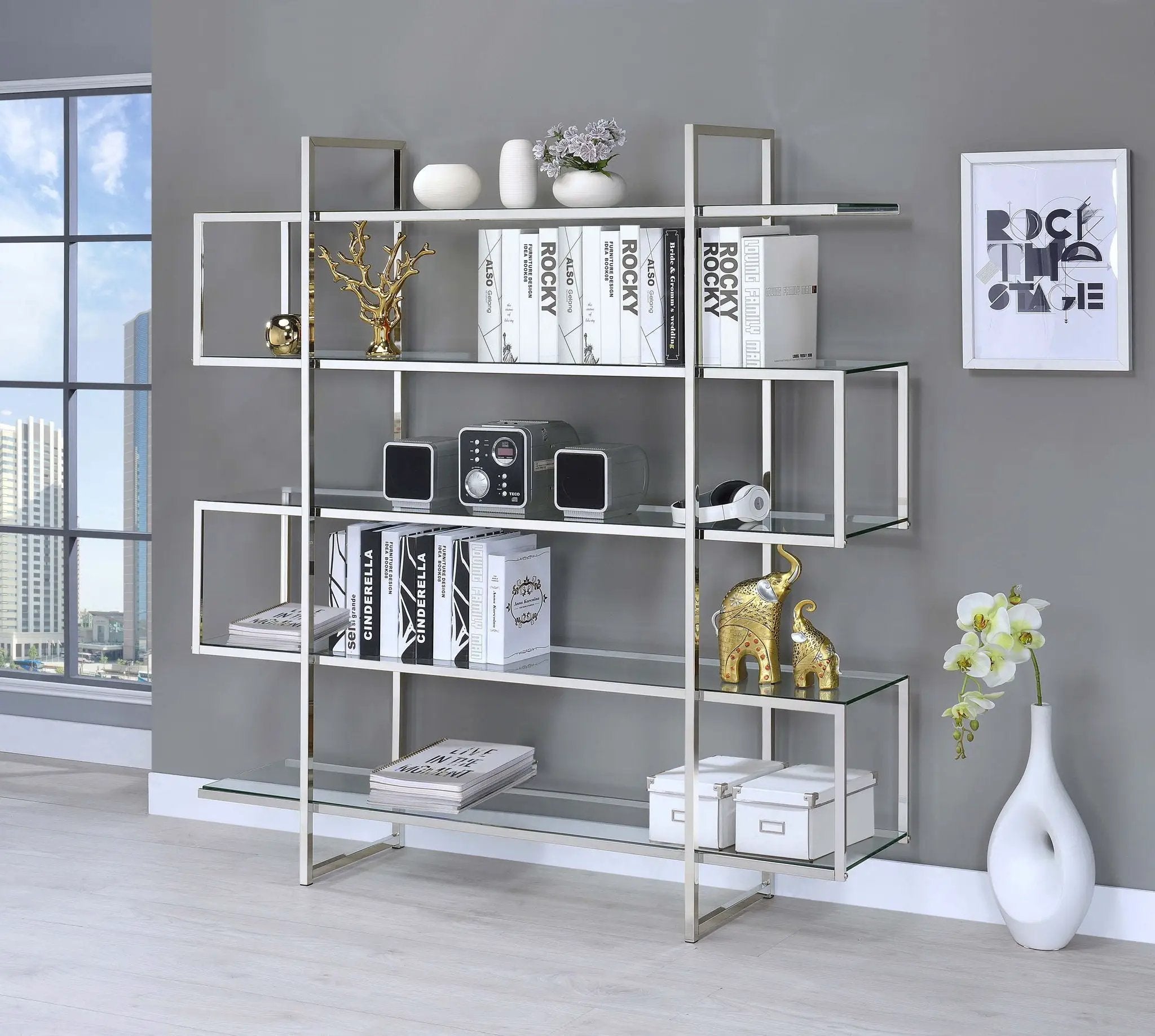 Elmer 63-inch 5-shelf Bookshelf Clear and Chrome by Unique Piece Furniture