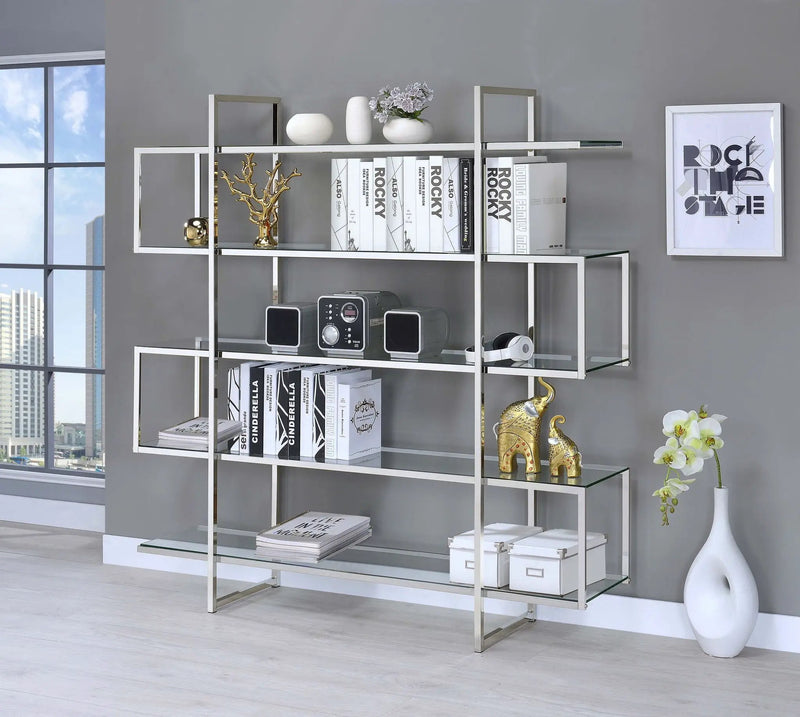 Elmer 63-inch 5-shelf Bookshelf Clear and Chrome by Unique Piece Furniture
