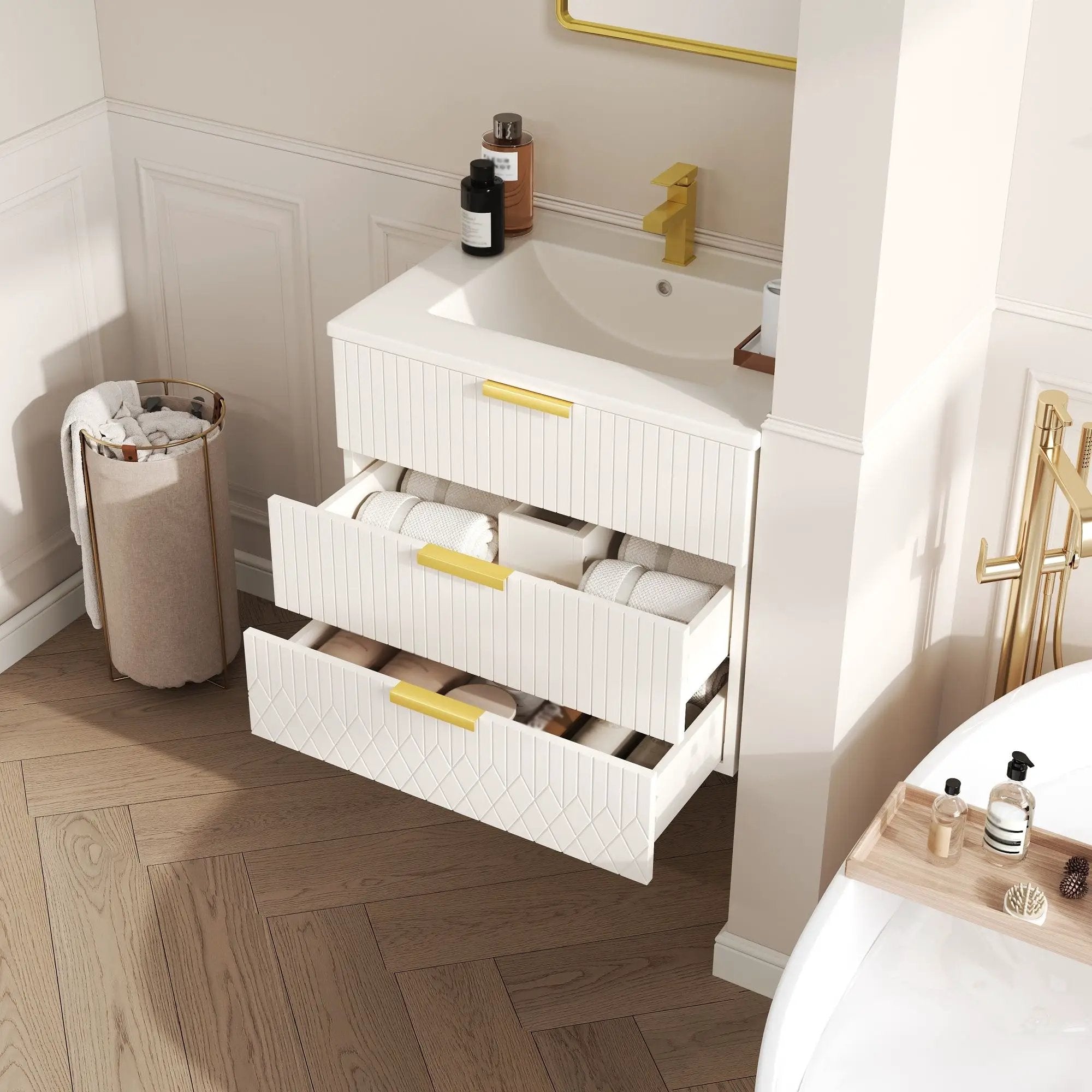 Wall Mounted Floating Cabinet With Double Drawer, Rectangular Sink by HouseOfZazla