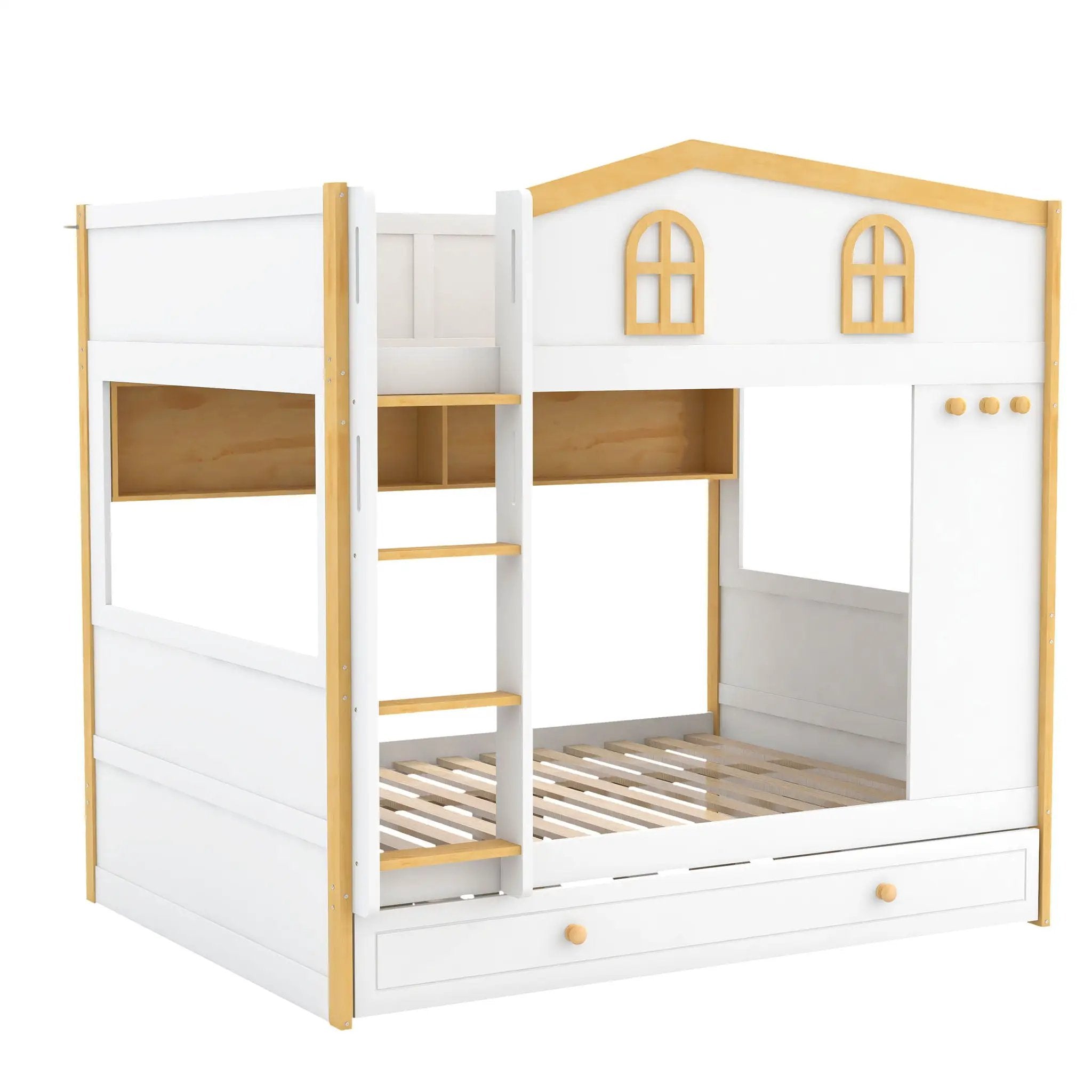 Full Over Full Bunk Bed With Storage Shelves And Trundle - White / Natural by HouseOfZazla