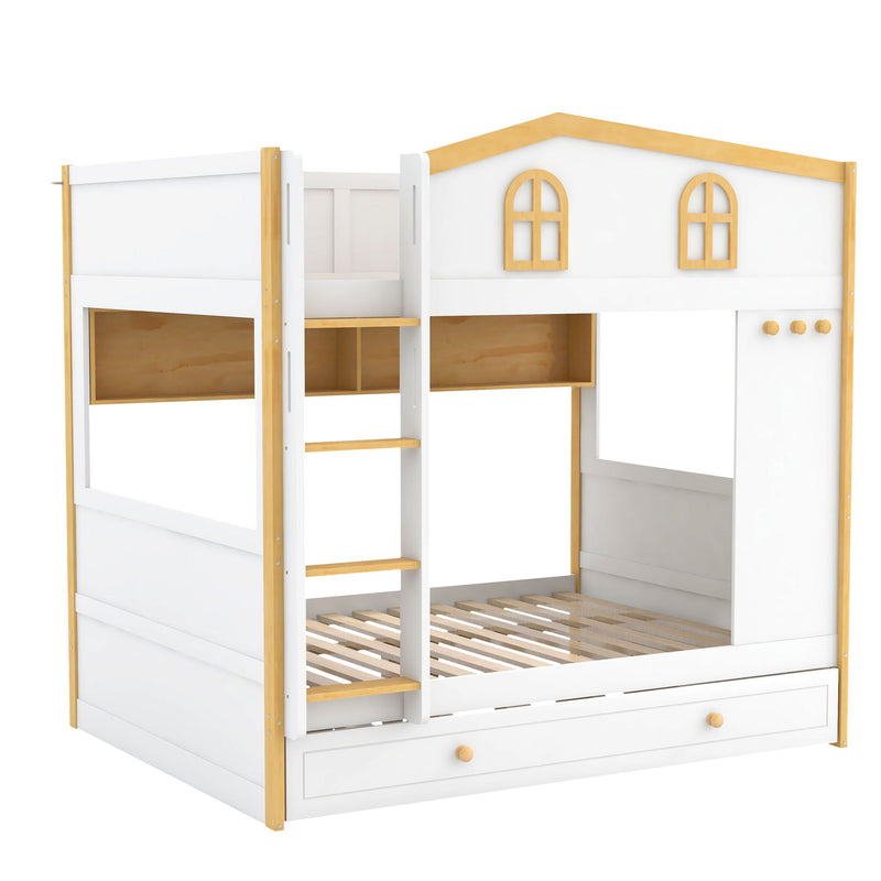 Full Over Full Bunk Bed With Storage Shelves And Trundle - White / Natural by HouseOfZazla
