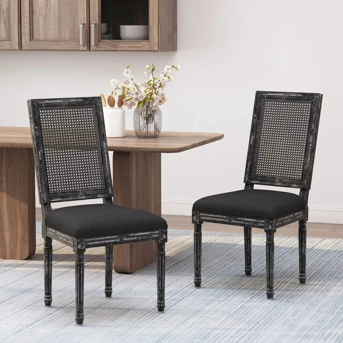 French Country Dining Chair With Rectangular Cane Backrest And Smooth Upholstered Seating by HouseOfZazla