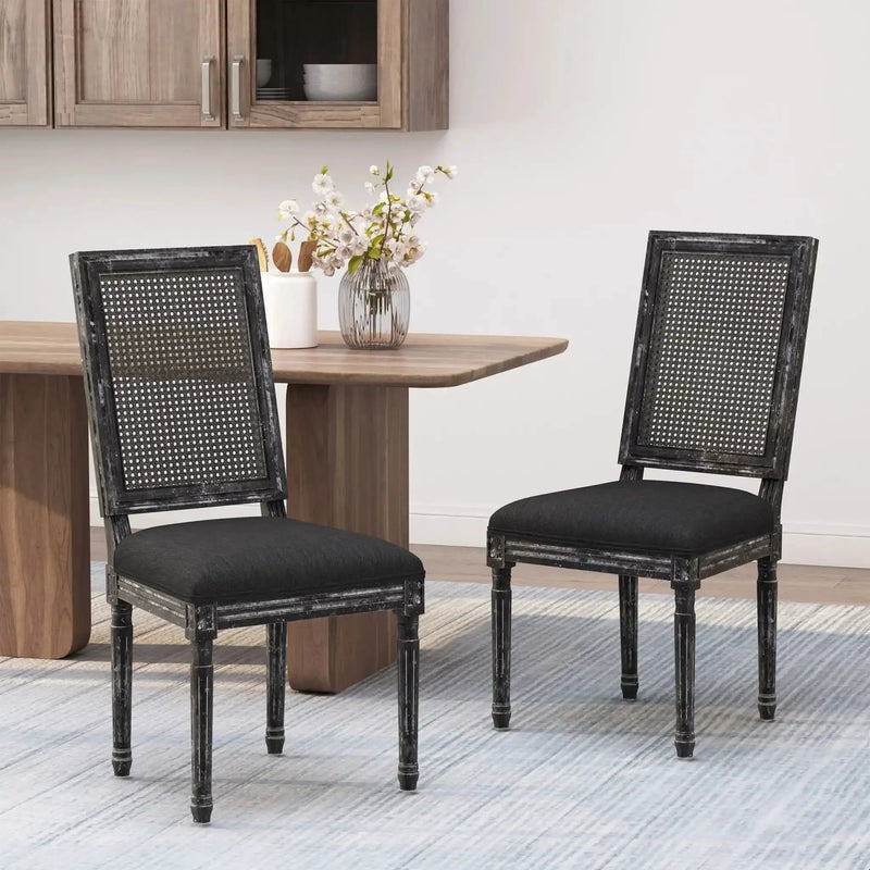 French Country Dining Chair With Rectangular Cane Backrest And Smooth Upholstered Seating by HouseOfZazla