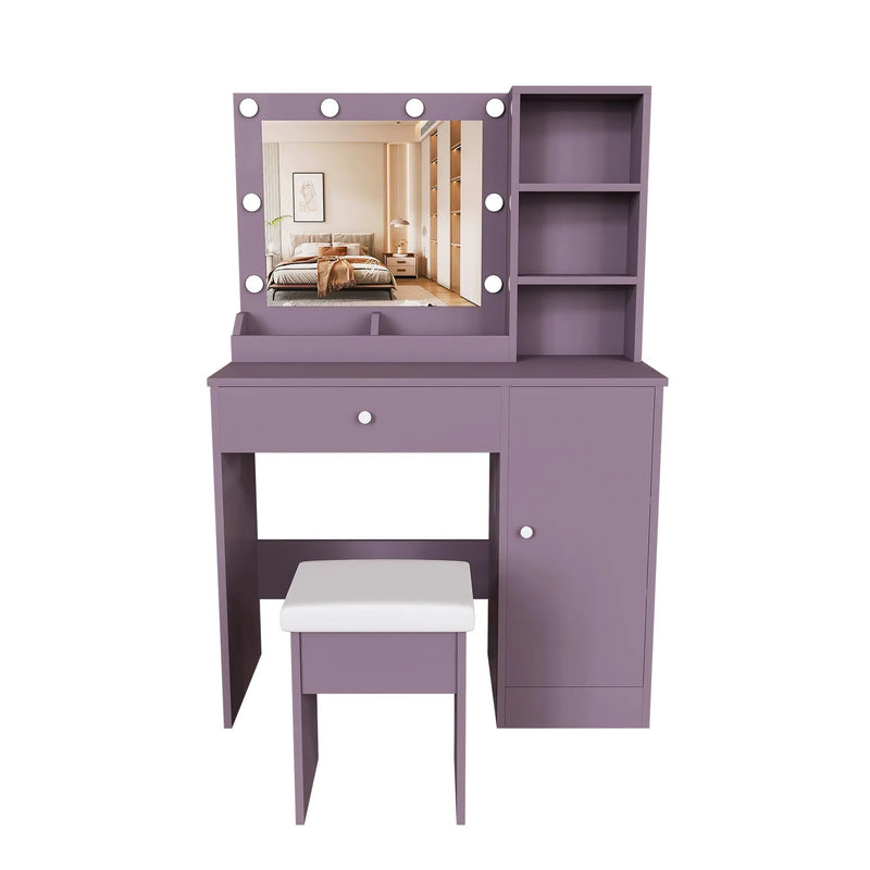 Stylish Vanity Desk Set with Padded Stool & Adjustable Lighted Mirror by HouseOfZazla