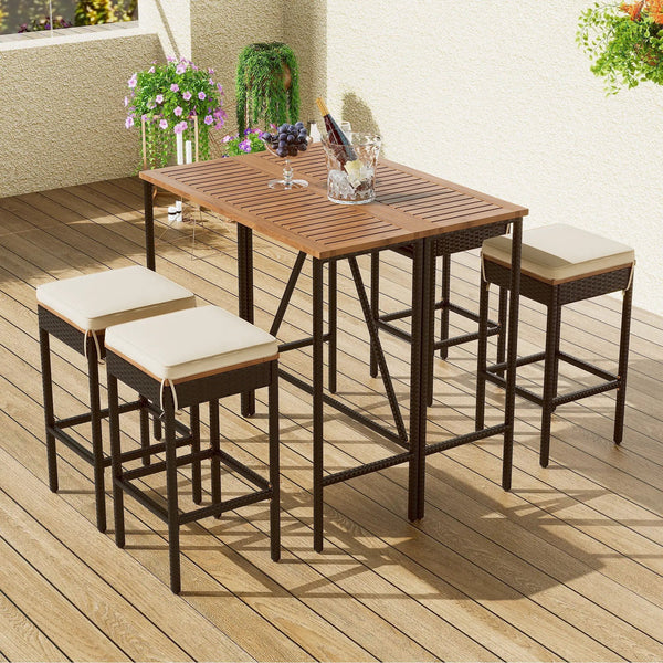 Outdoor Acacia Wood Bar Height Table and Eight Stools with Cushions, photo 2 of 8