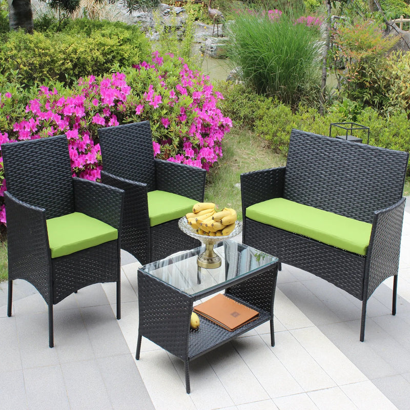 4 PC Rattan Patio Furniture Set Outdoor Cushioned Wicker Sofa Green Cushion by HouseOfZazla