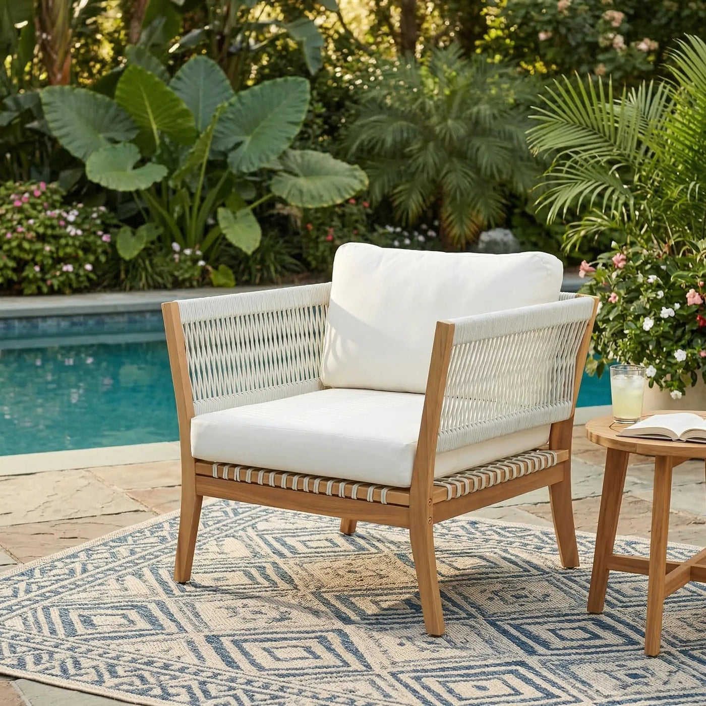 30.3" Outdoor Acacia Wood Patio Chair with Woven Rope Accents by HouseOfZazla