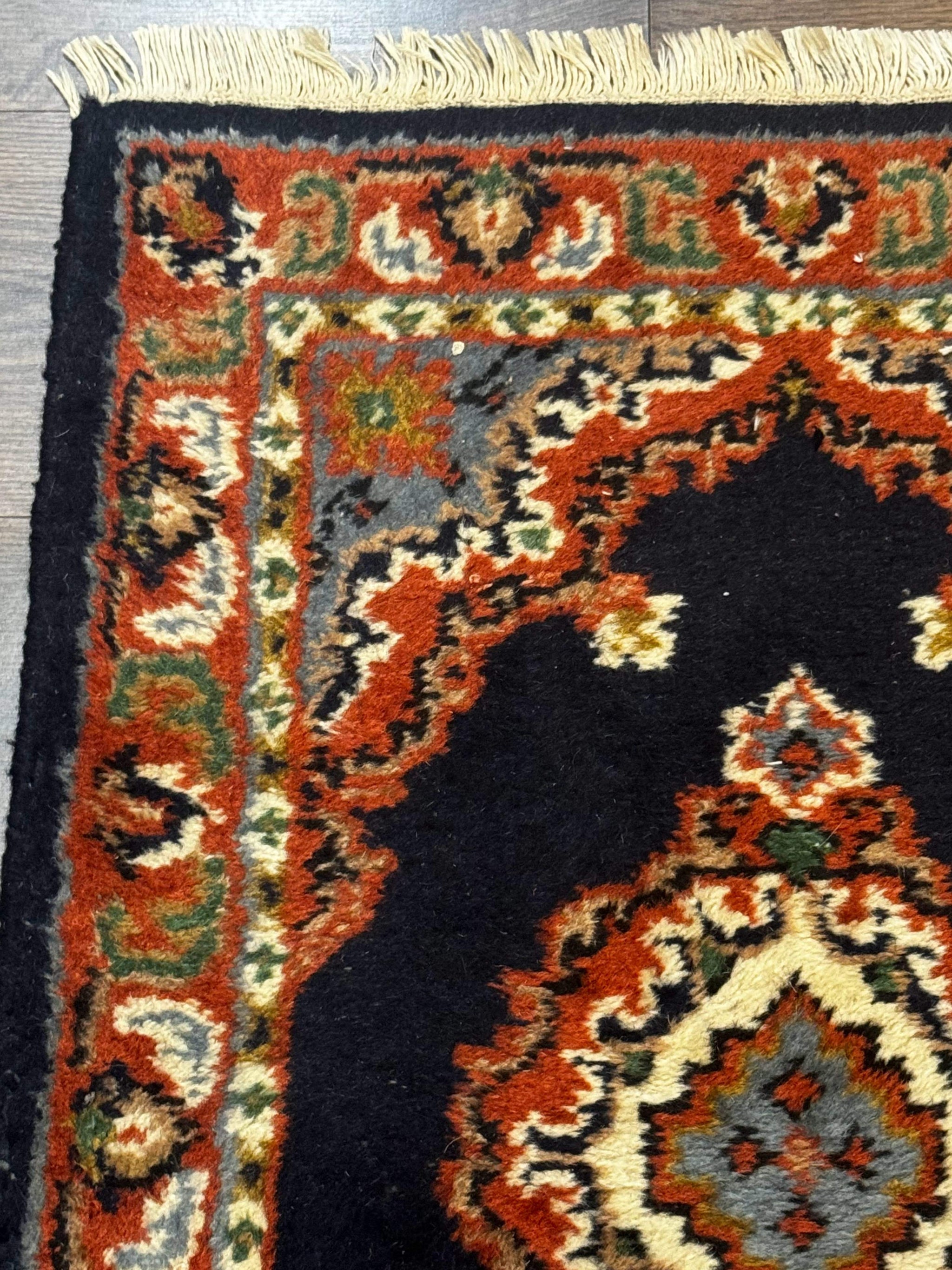 Small Indo Persian Rug 2x3, Navy Blue & Terracotta, Wool, Handmade by Jewel Rugs