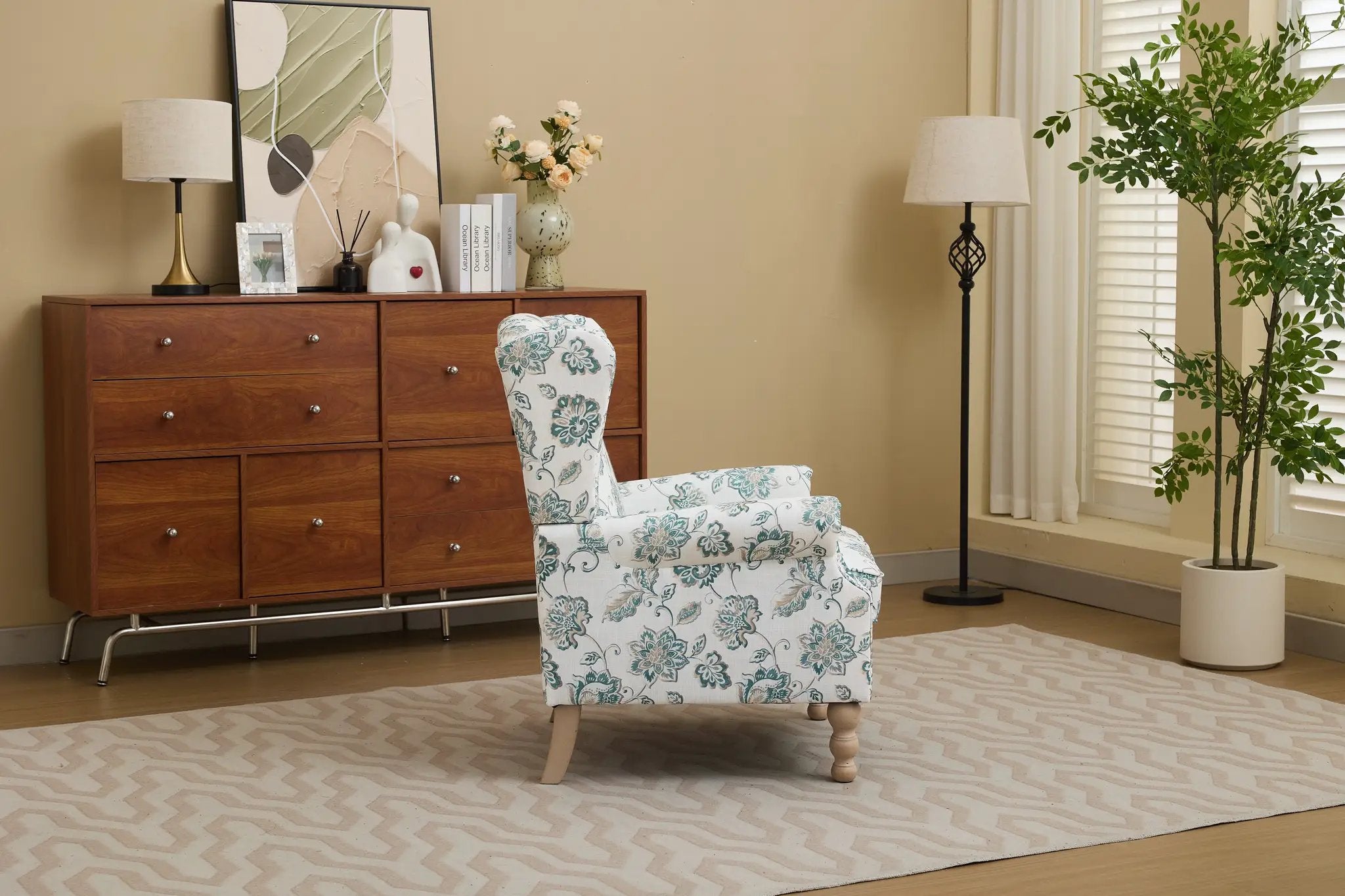 Modern Accent Chair with Retro Wood Legs and Floral Design by HouseOfZazla