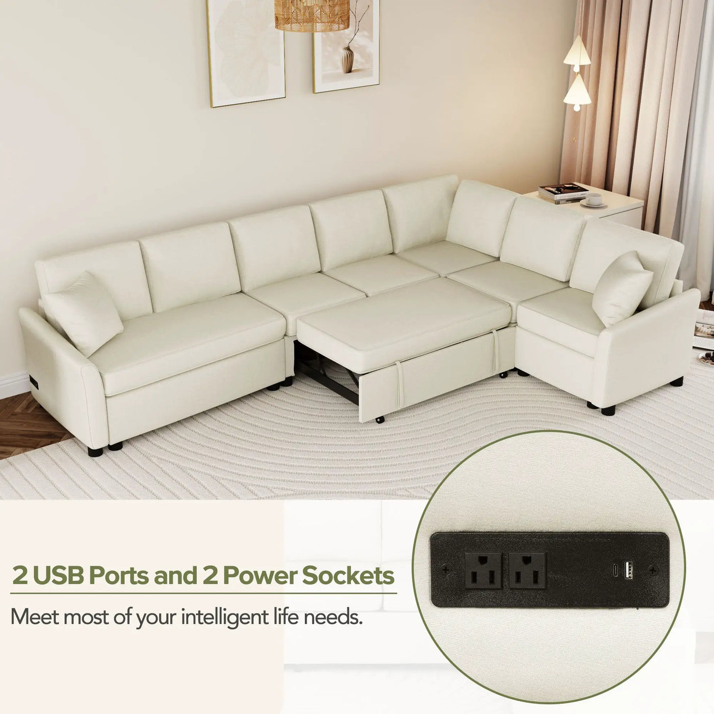 L-Shaped Sofa Convertible Sofa Bed Pull Out Sofa Sleeper With Two Back Pillows, Two USB Ports And Two Power Sockets For Living Room by HouseOfZazla