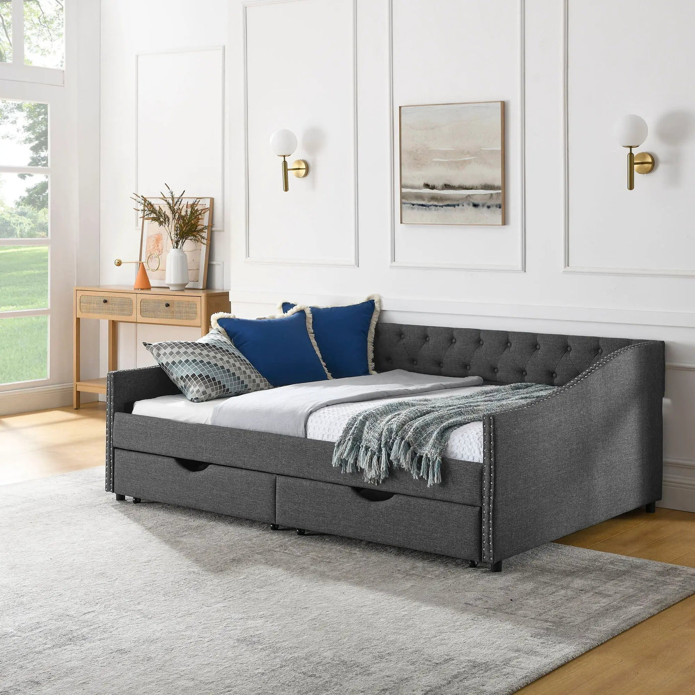 Upholstered Tufted Daybed With Drawers, Waved Arms by Unique Piece Furniture