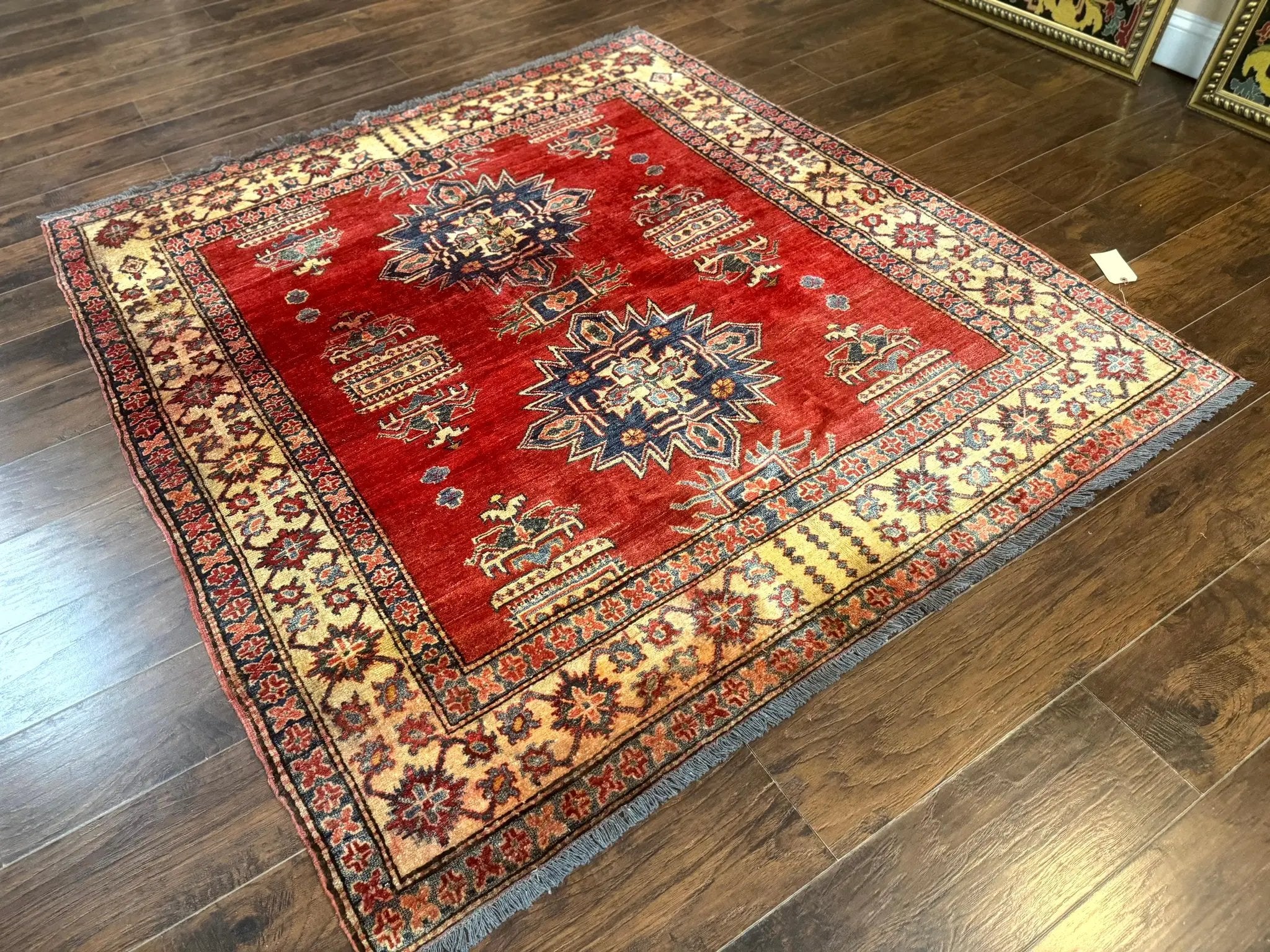 Square Turkish Rug 6x6, Azerbaijani Azeri Turkish Armenian Rug, Red Tan Blue, Geometric, Wool Carpet by Jewel Rugs