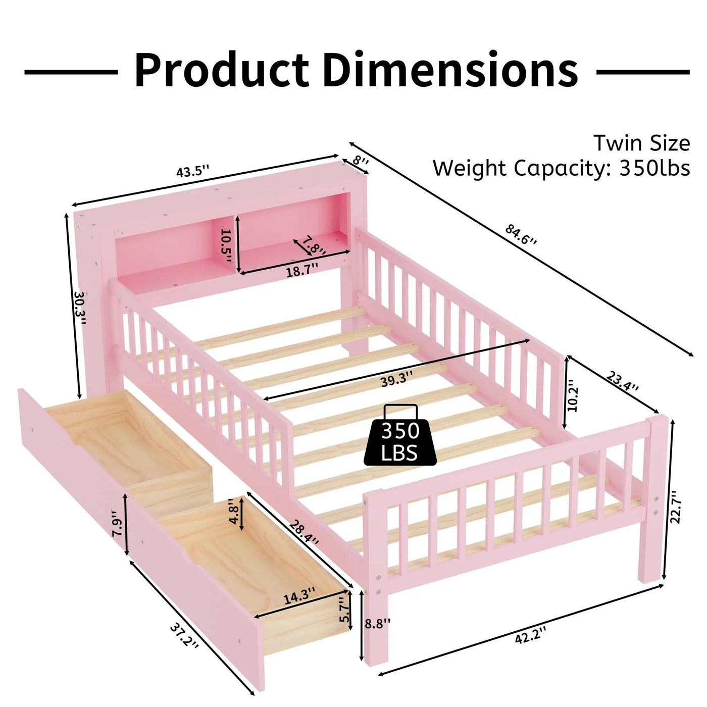 Bed With Headboard Storage Rack, 2 Under Bed Drawers, 3 Side Guardrails For Safety by HouseOfZazla