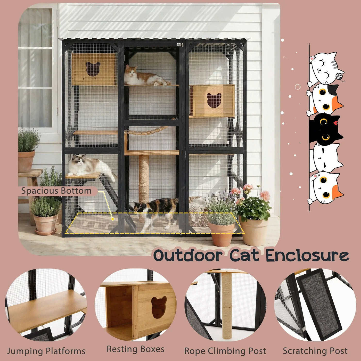 Outdoor Cat Enclosure With Sleeping Houses, Jumping Platforms, Scratching Post by HouseOfZazla