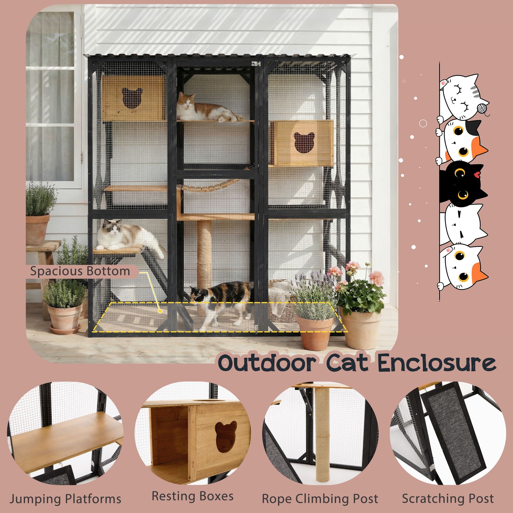 Outdoor Cat Enclosure With Sleeping Houses, Jumping Platforms, Scratching Post by HouseOfZazla