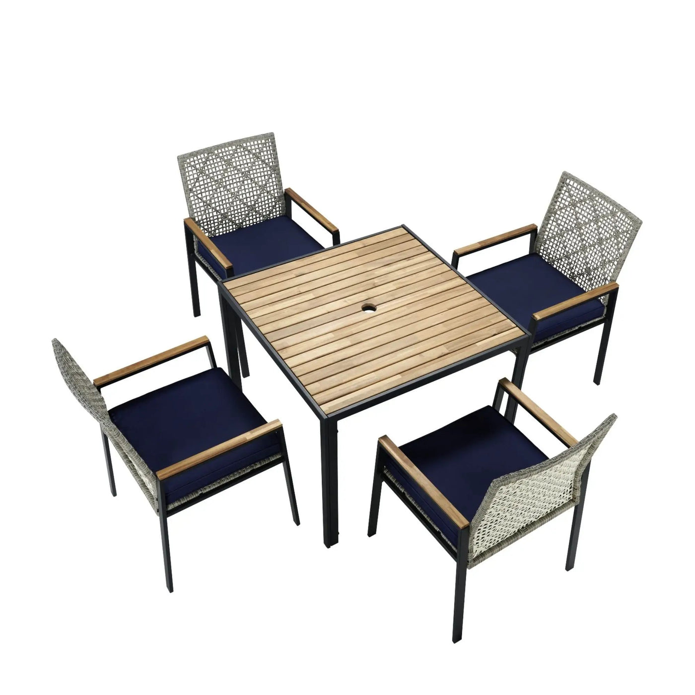 5 Piece Patio Dining Table Set, Acacia Wood Table Top With Umbrella Hole by HouseOfZazla