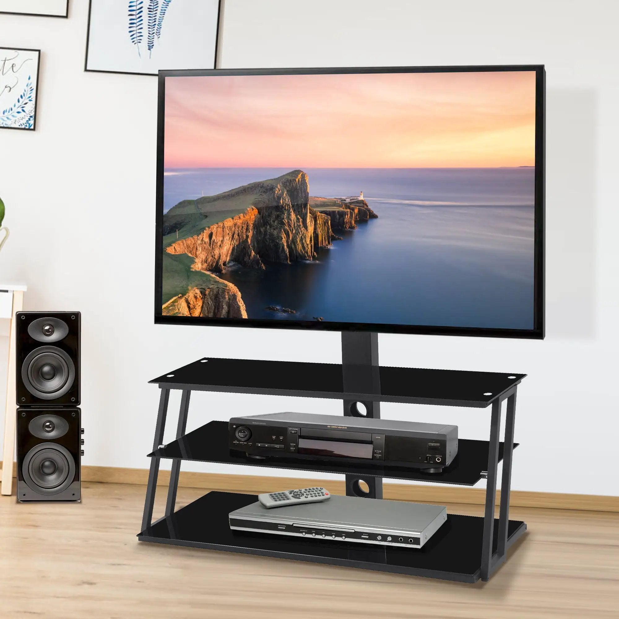 Multi-Function Angle And Height Adjustable Tempered Glass TV Stand - Black by Unique Piece Furniture
