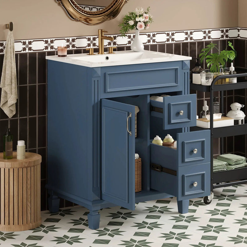 Bathroom Vanity With Ceramic Sink, Compact Cabinet With 2 Drawers And Adjustable Shelf - Blue by Unique Piece Furniture