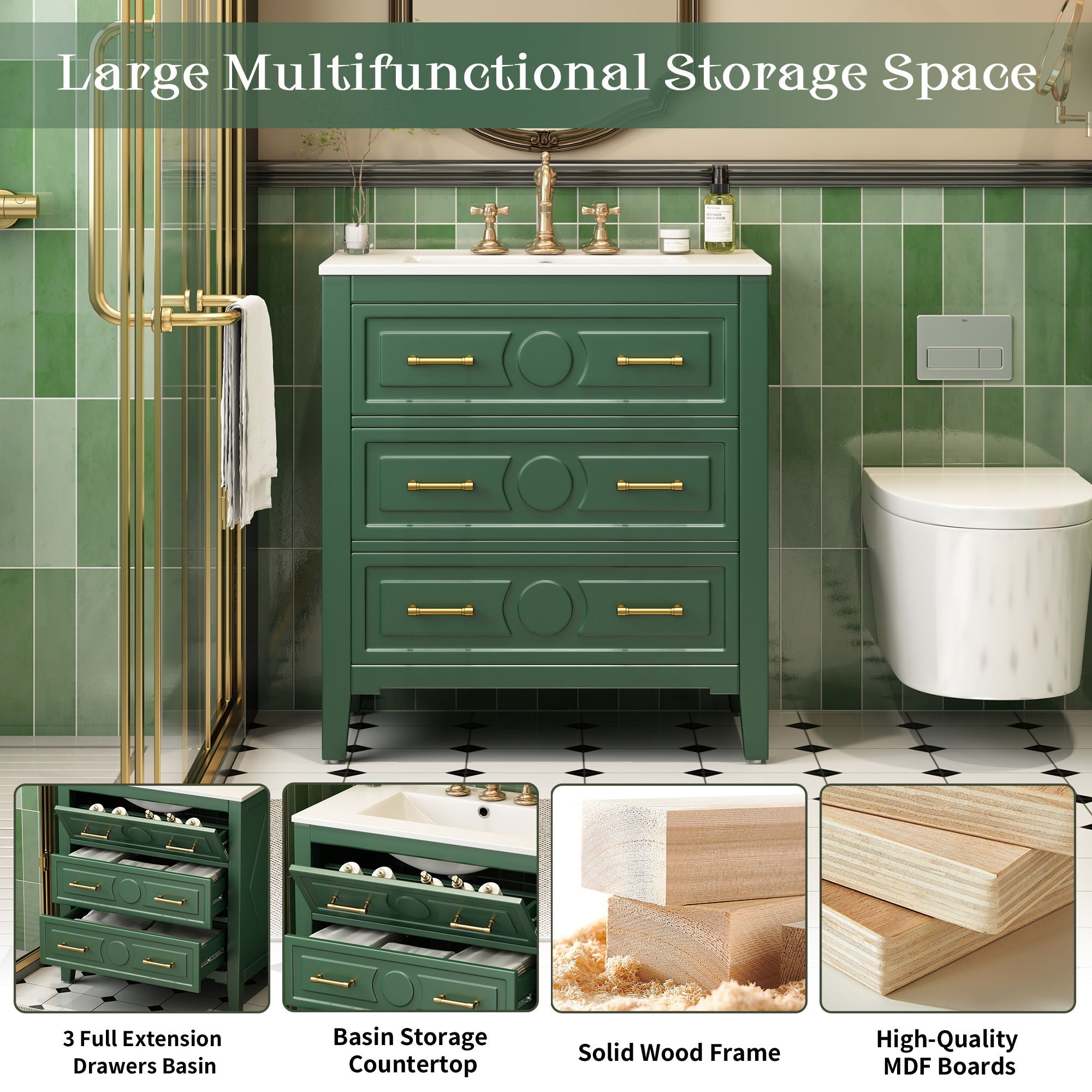 Retro Bathroom Vanity With Sink Combo, Free Standing Single Set With 3 Drawers