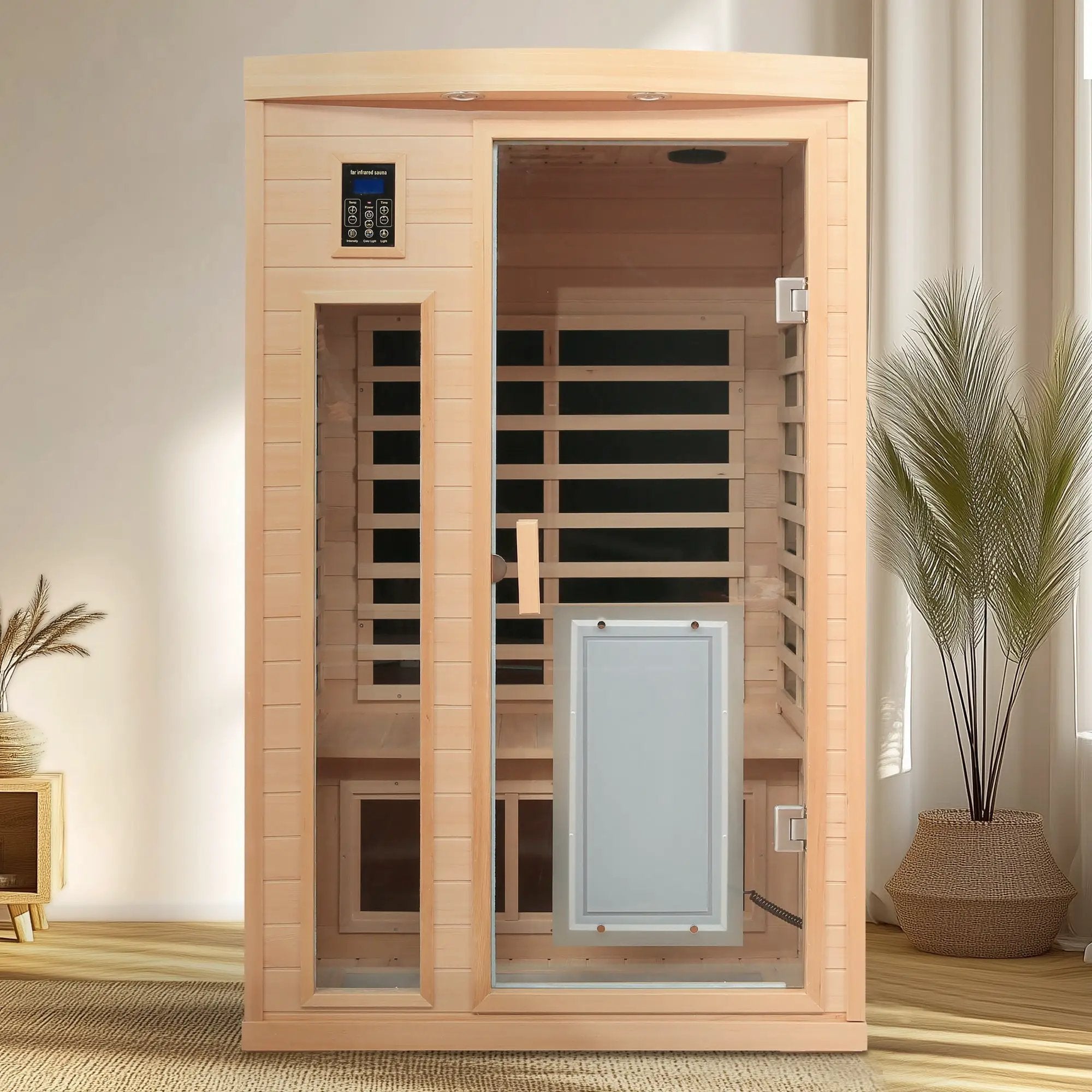 Low EMF, There is also a heating plate on the glass door, Hemlock wood Far-infrared indoor Two person sauna room by HouseOfZazla