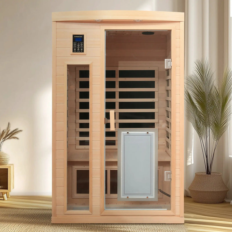 Low EMF, There is also a heating plate on the glass door, Hemlock wood Far-infrared indoor Two person sauna room by HouseOfZazla