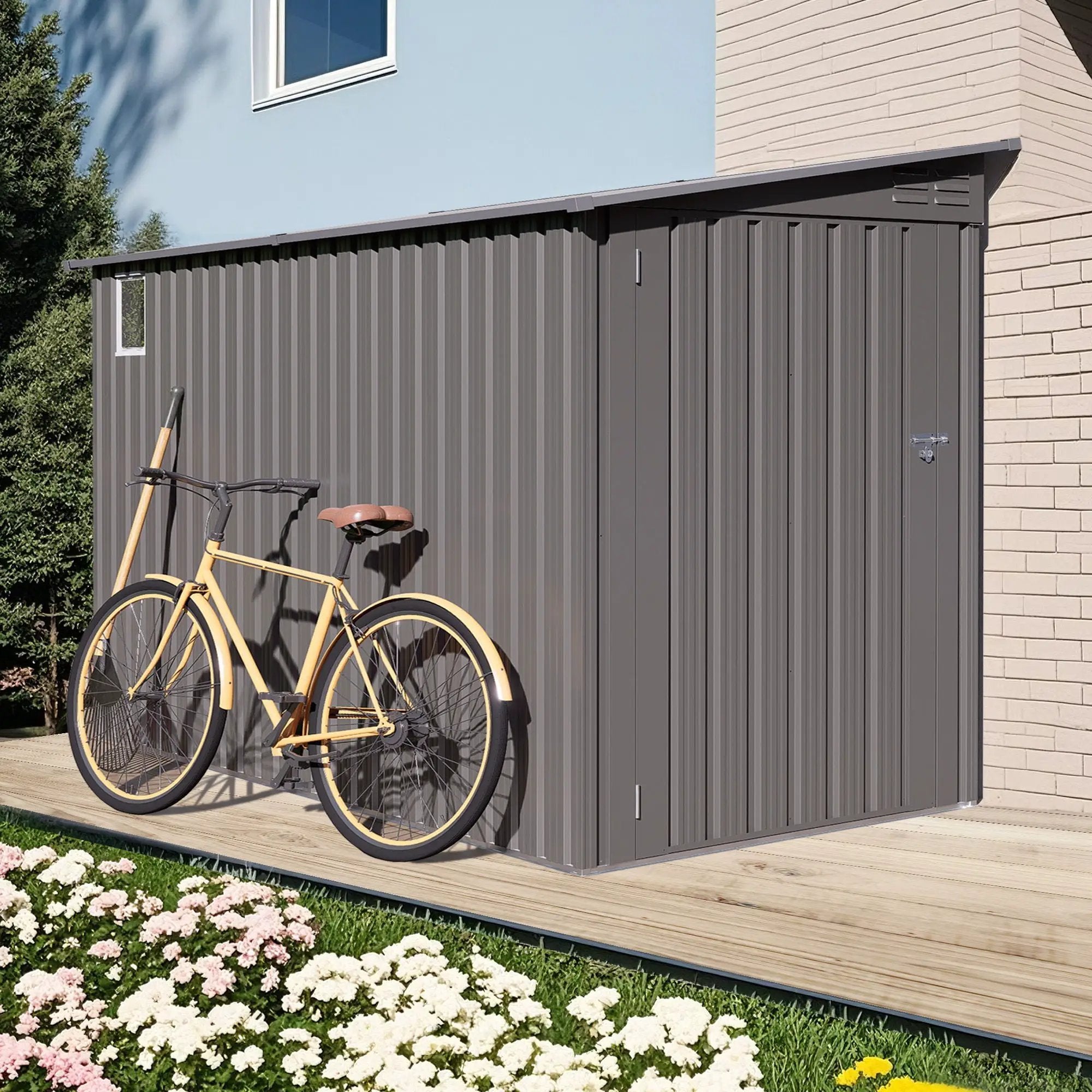 Lean To Shed With Windows, Tool House With Sloping Roof With 2 Vents And 1 Side Open Door For Backyard - Gray by HouseOfZazla