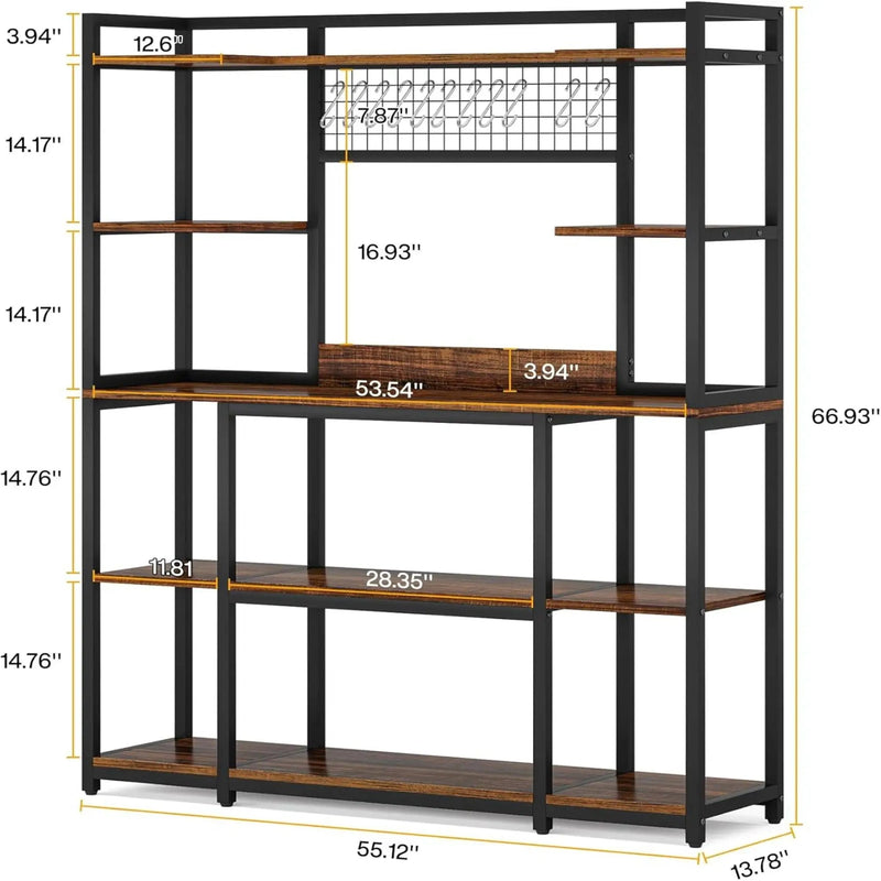 Baker's Rack With Hutch, 5 Tier Kitchen Storage Shelf, Freestanding Utility Pantry Organizer With Hooks And Microwave Stand - Black by HouseOfZazla