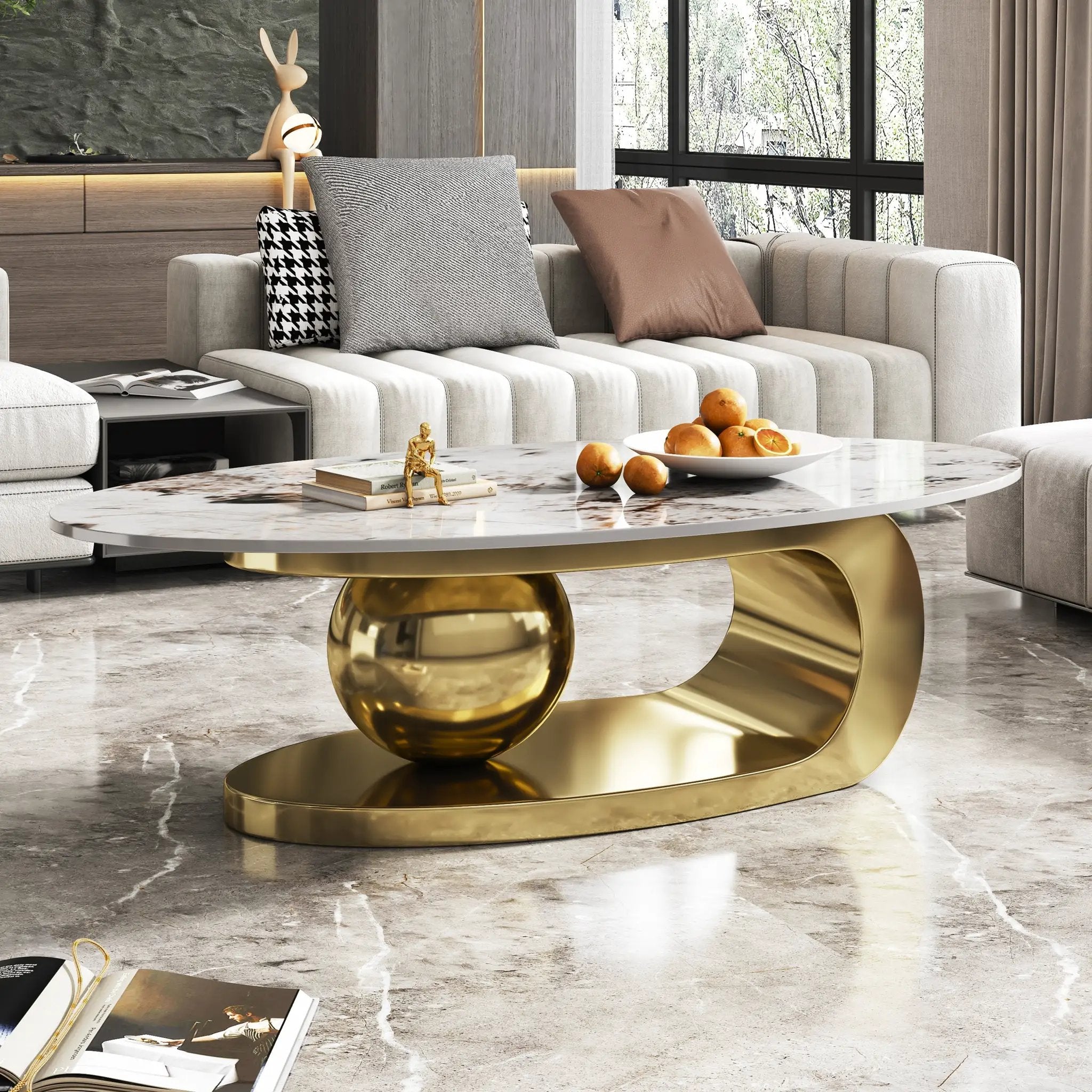 49.2 Inches Oval Faux Marble Coffee Table for Living Room with Stainless Steel Base by HouseOfZazla