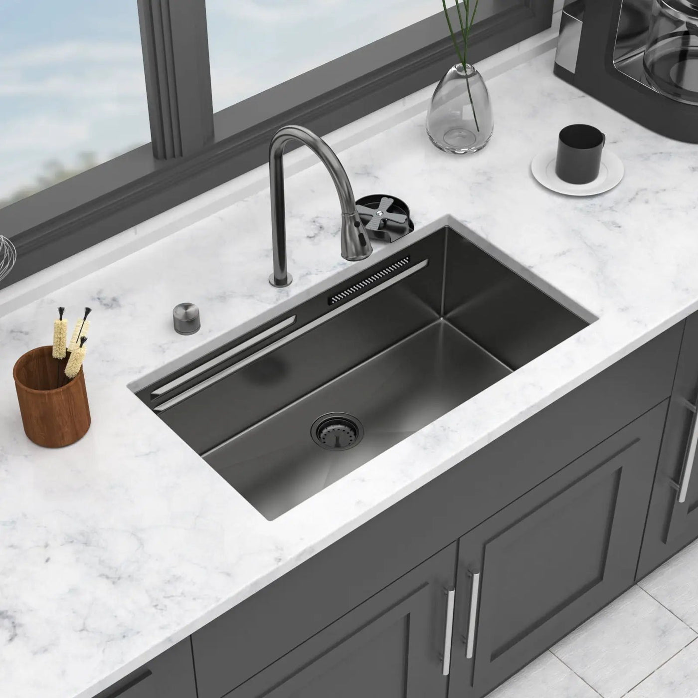 Undermount Stainless Steel Kitchen Sink With Pull Down Faucet & Ledge Workstation by HouseOfZazla