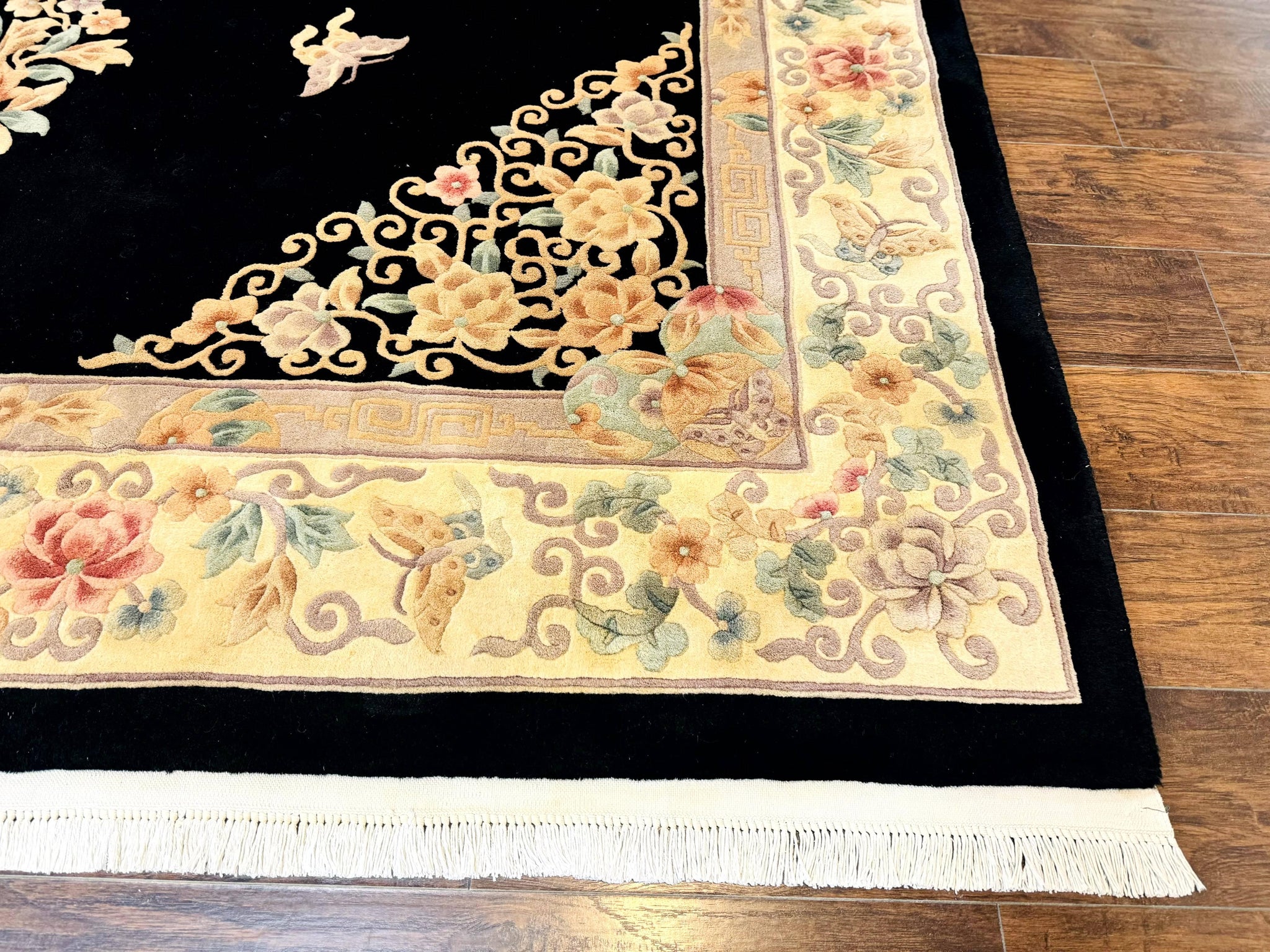 Chinese Wool Rug 9x12, Chinese Carving Carpet, Floral Medallion, Black and Beige, Butterflies, Vintage Asian Oriental Rug, 90 Line Rug by Jewel Rugs