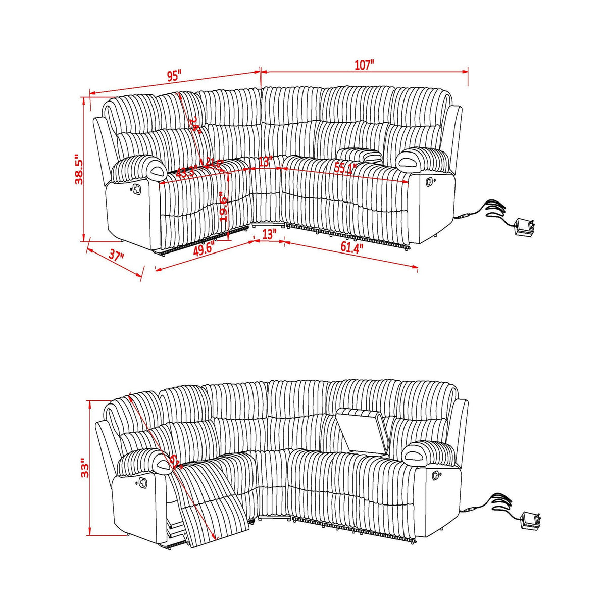 Gray Sectional Reclining Sofa with LED Lighting and Manual Recline, photo 3 of 9