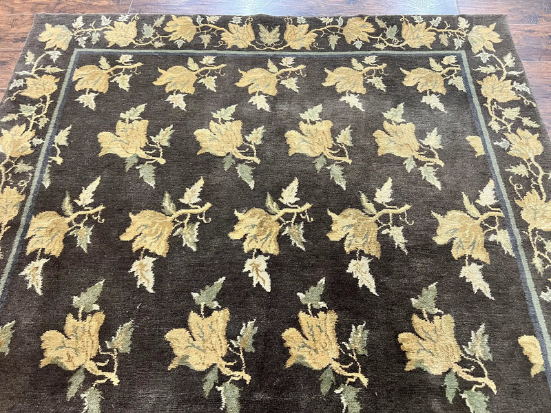 Tibetan Nepal Rug 6x9, Wool Hand Knotted Vintage Carpet 6 x 9, Dark Green & Golden Yellow, Floral Bouquets by Jewel Rugs