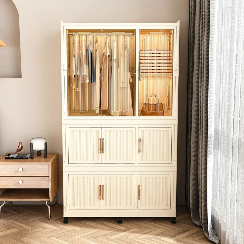 Portable Wardrobe Closet Storage Organizer With 9 Magnetic Doors - Cream White by Unique Piece Furniture