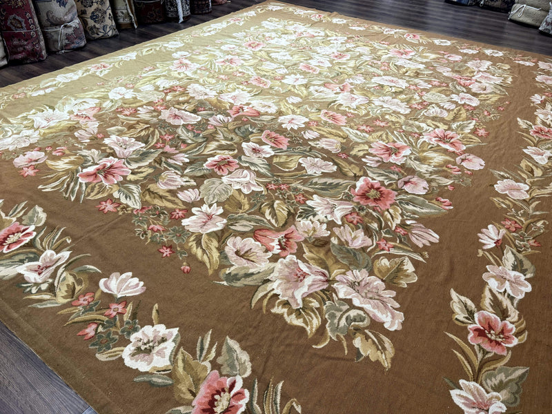 Large Needlepoint Rug 11x14, Vintage Floral Wool Carpet, Caramel by Jewel Rugs