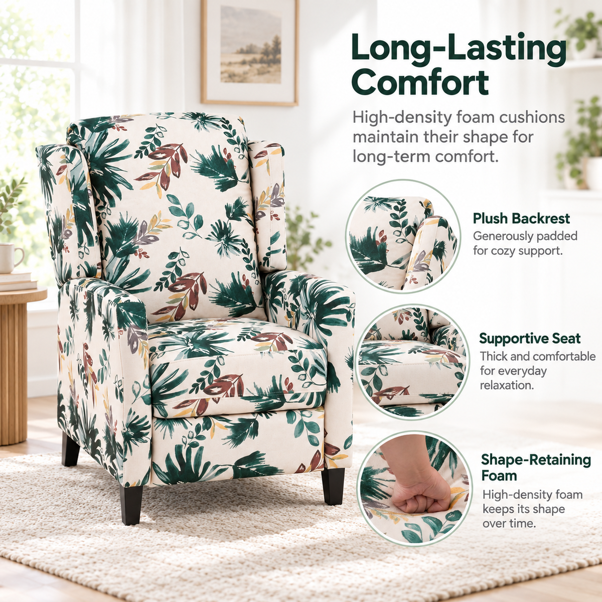Floral Print Recliner Chair with Padded Arms - Multicolor, photo 5 of 9
