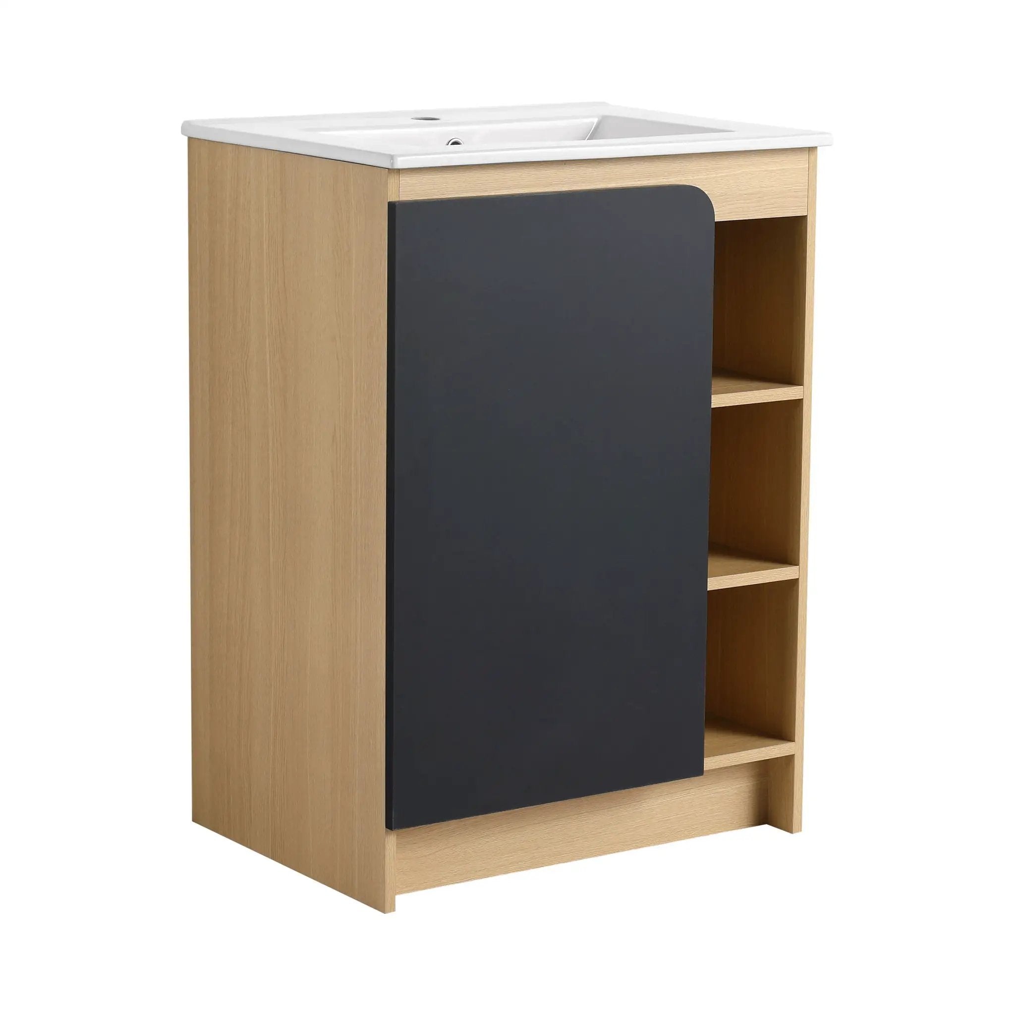 Freestanding Bathroom Vanity With Thin Rim Sink, Single Door With 4 Tier Open Shelves - Light Oak / White by HouseOfZazla