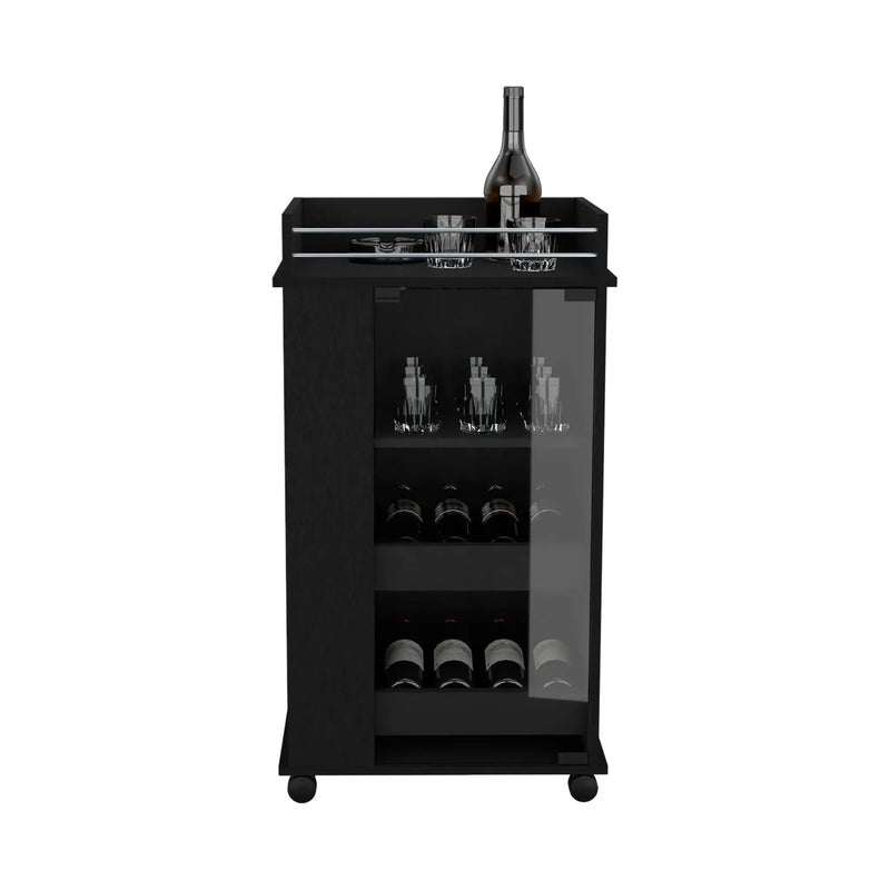 Bar Cart With Glass Door, 2 Side Shelves And Casters - Black by HouseOfZazla