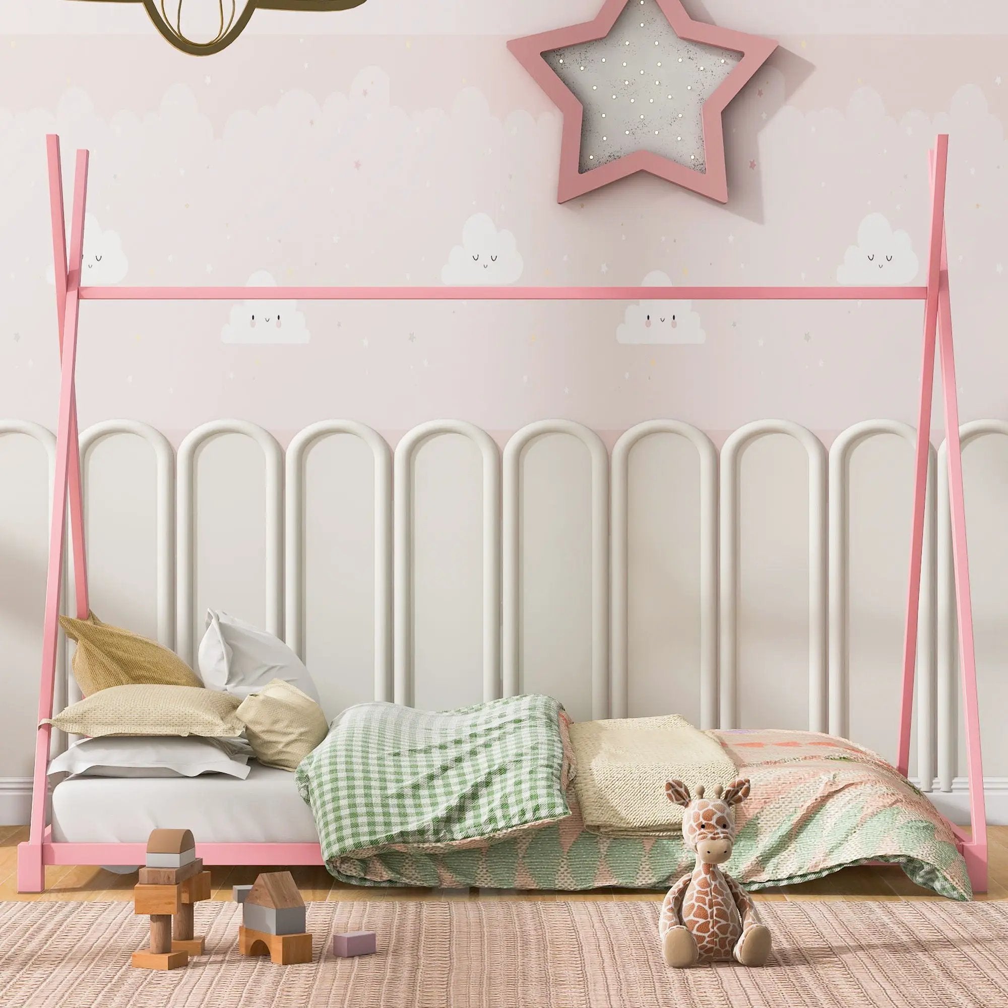Metal House Platform Bed With Triangle Structure, Low Profile Design by Unique Piece Furniture
