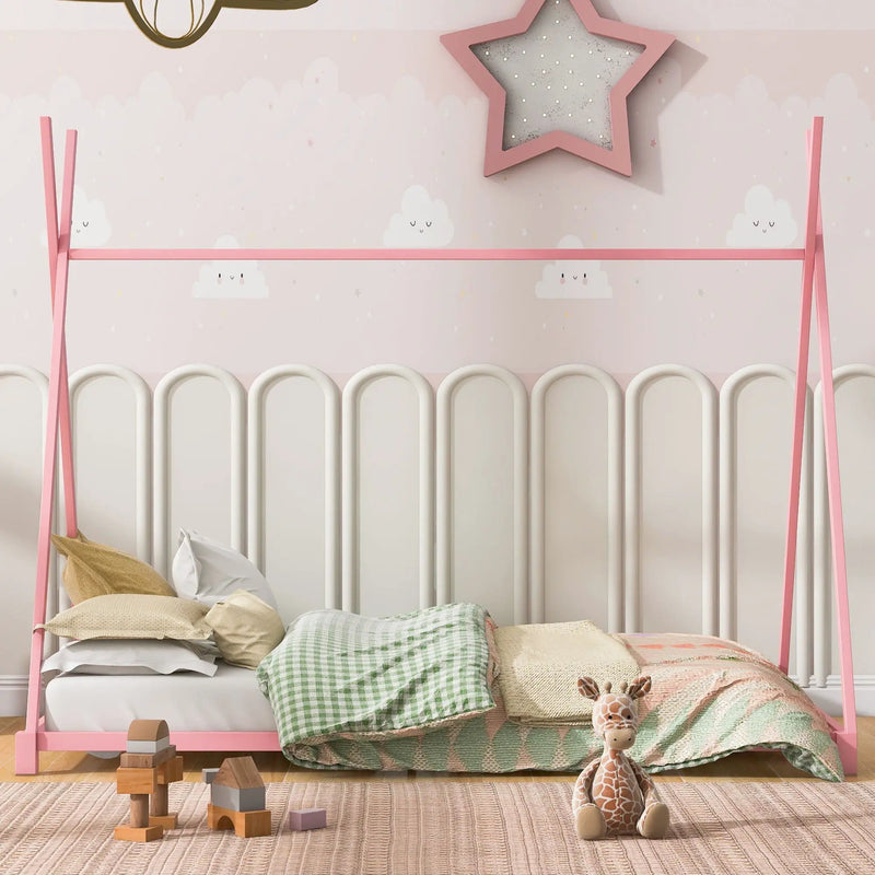 Metal House Platform Bed With Triangle Structure, Low Profile Design